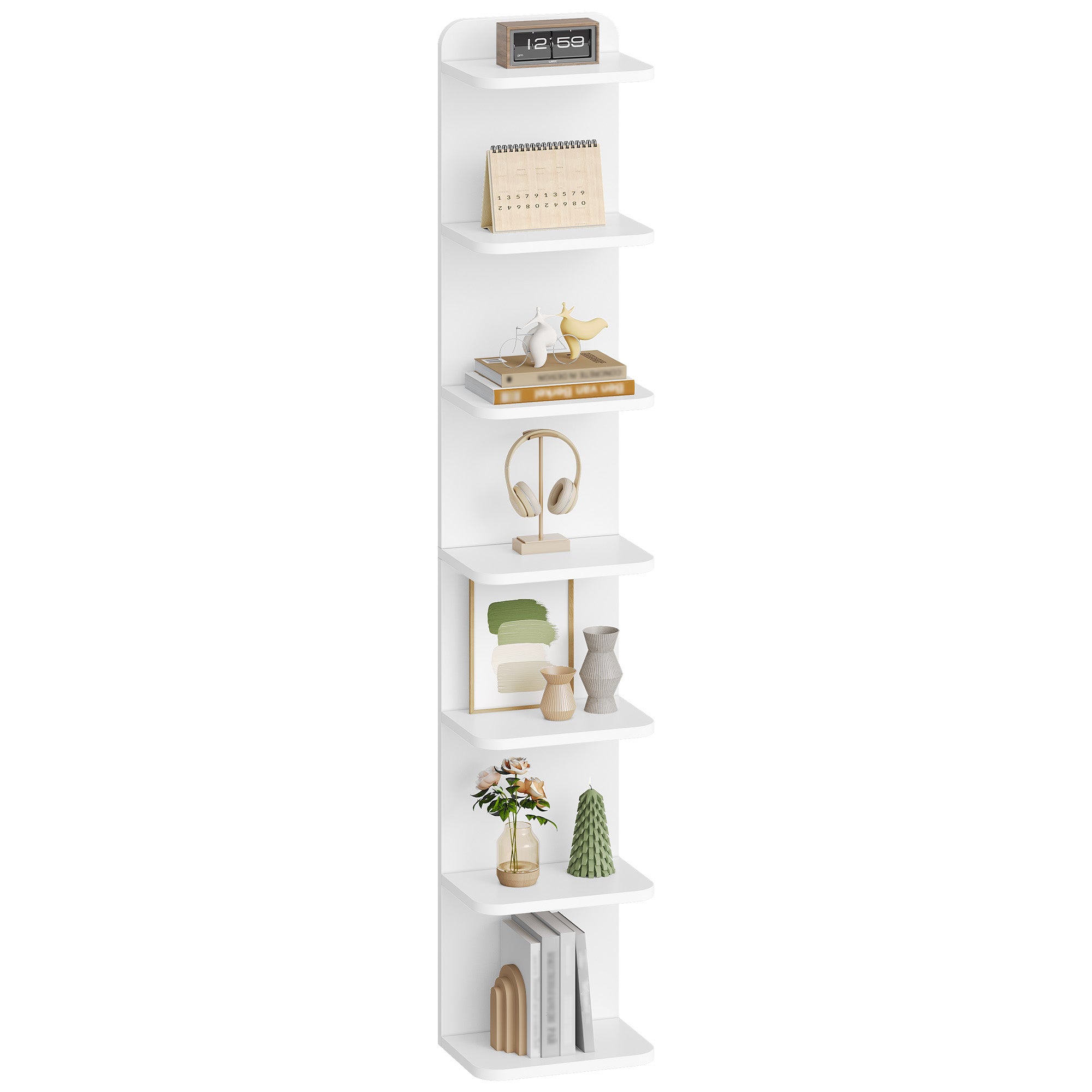Hzuaneri 7 Tier Bookcase, Floating Bookshelf for Wall Mounted, Tall Narrow Bookcase, Vertical Bookshelf for Living Room, Office, Study, Entryway, White, BC88803X