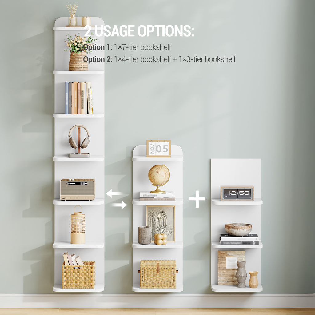 Hzuaneri 7 Tier Bookcase, Floating Bookshelf for Wall Mounted, Tall Narrow Bookcase, Vertical Bookshelf for Living Room, Office, Study, Entryway, White, BC88803X