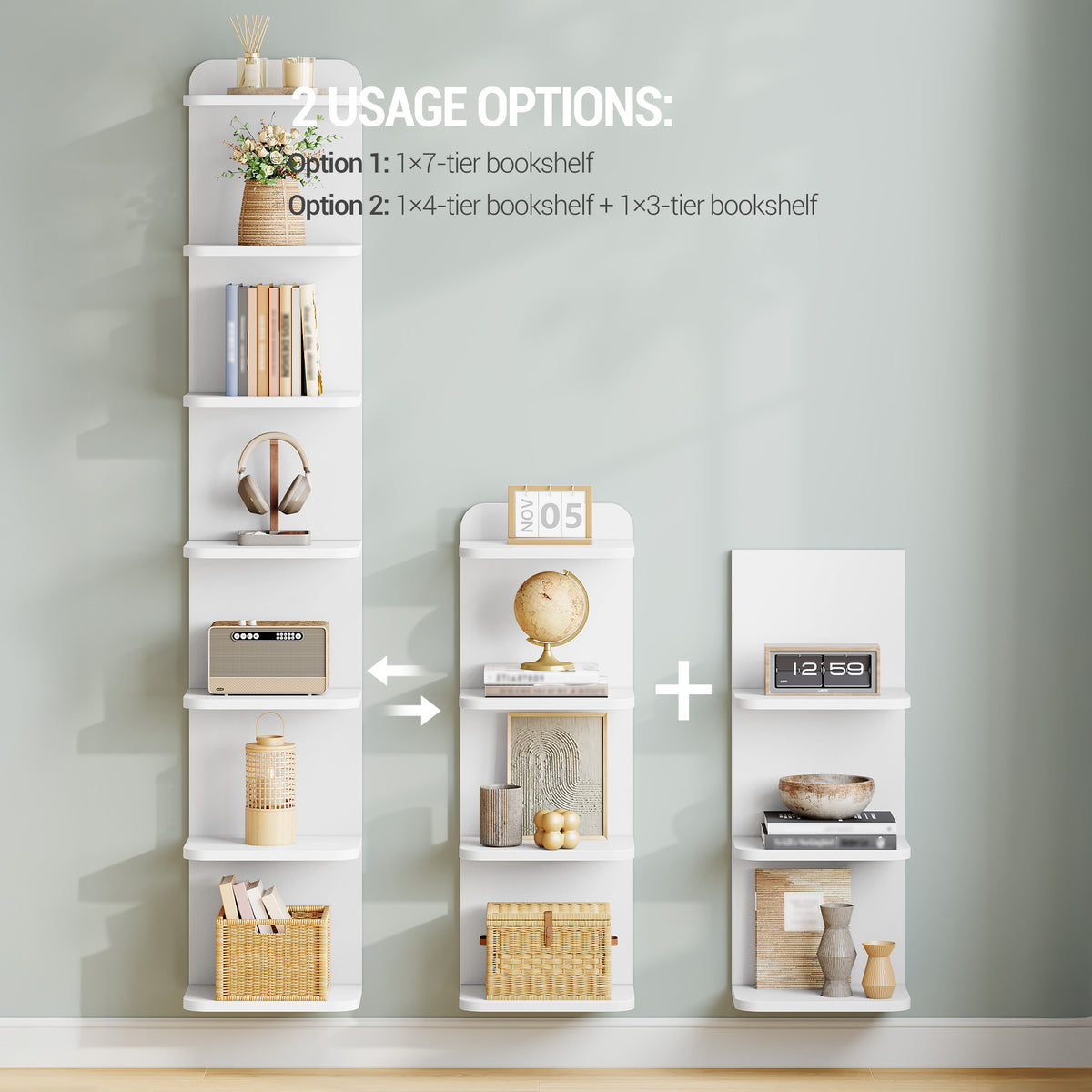 Hzuaneri 7 Tier Bookcase, Floating Bookshelf for Wall Mounted, Tall Narrow Bookcase, Vertical Bookshelf for Living Room, Office, Study, Entryway, White, BC88803X