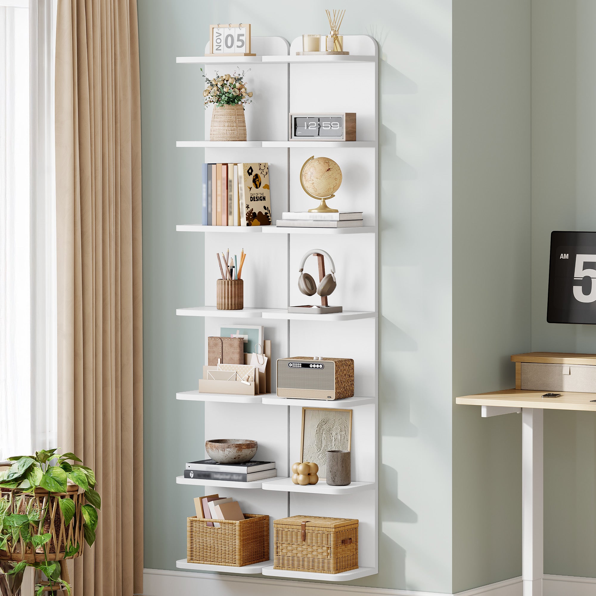 Hzuaneri 7 Tier Bookcase, Floating Bookshelf for Wall Mounted, Tall Narrow Bookcase, Vertical Bookshelf for Living Room, Office, Study, Entryway, White, BC88803X