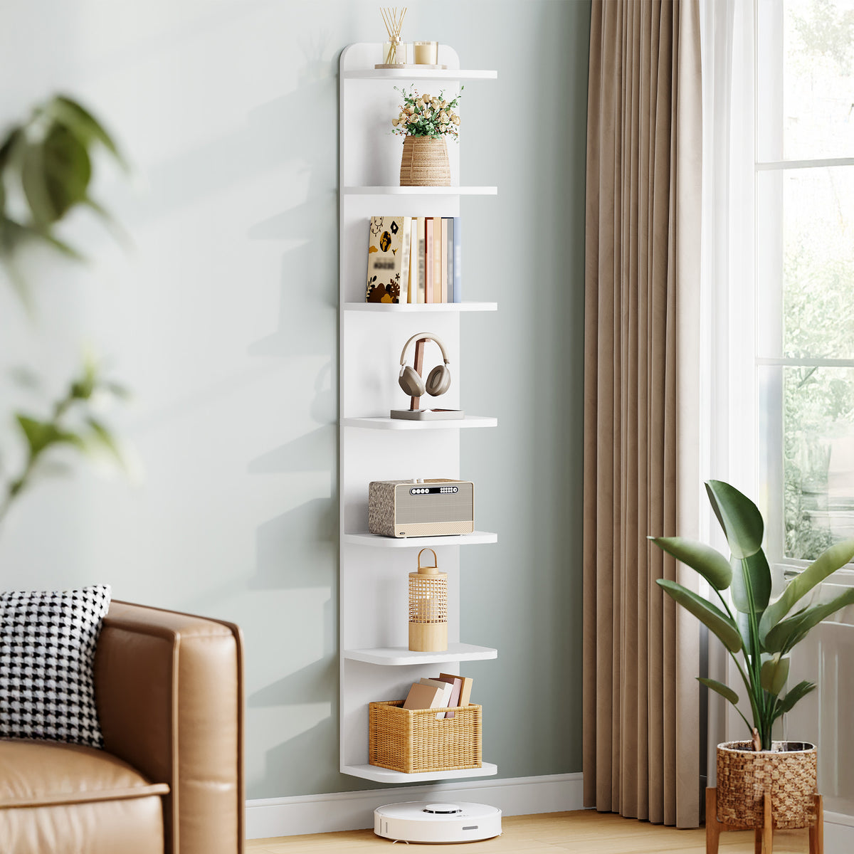 Hzuaneri 7 Tier Bookcase, Floating Bookshelf for Wall Mounted, Tall Narrow Bookcase, Vertical Bookshelf for Living Room, Office, Study, Entryway, White, BC88803X
