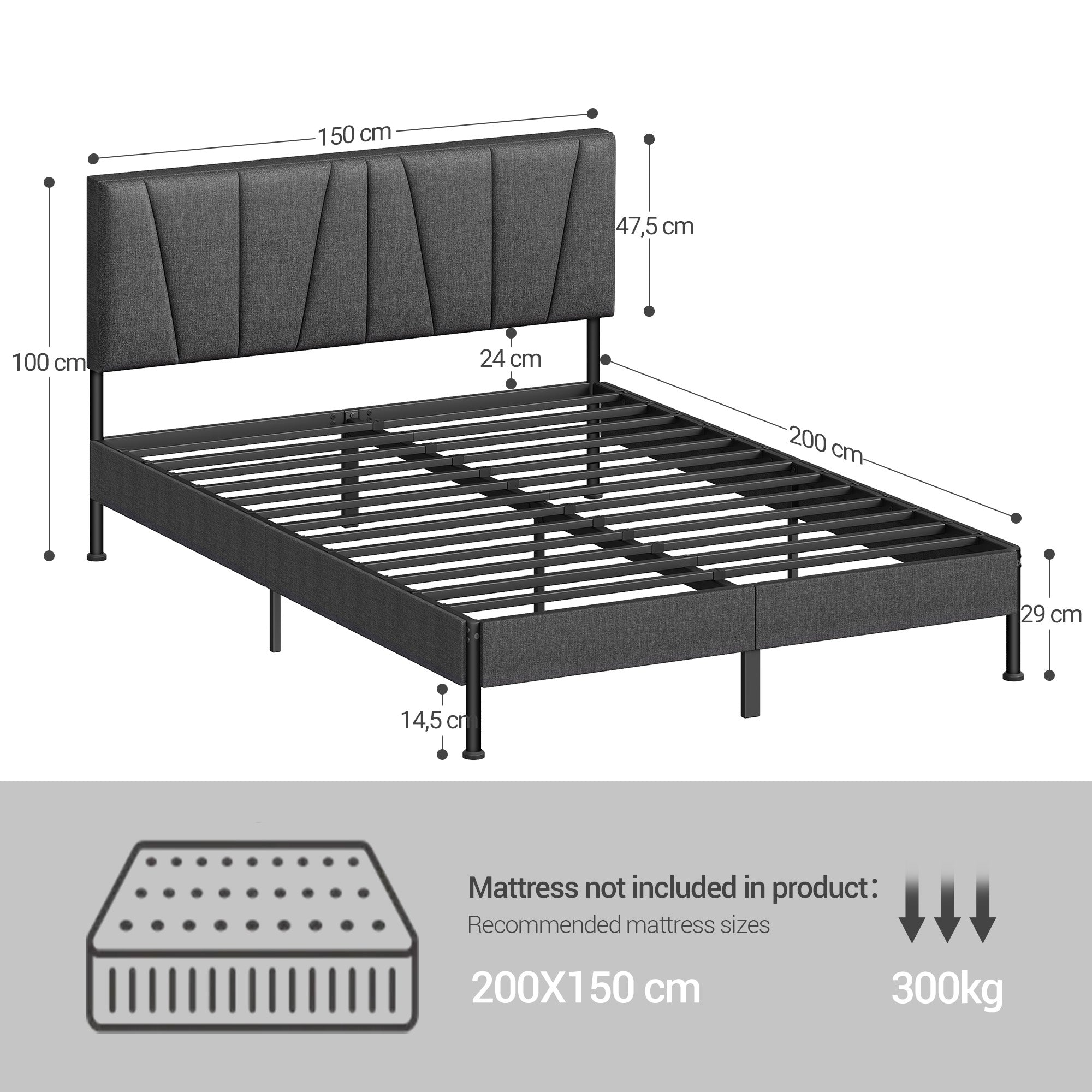 Hzuaneri King Bed Frame, 150×200 cm, Upholstered Metal Bed Frame with Headboard, Max. Load Capacity 500kg, Easy Assembly, No Box Spring Needed, Dark Grey BF40299B