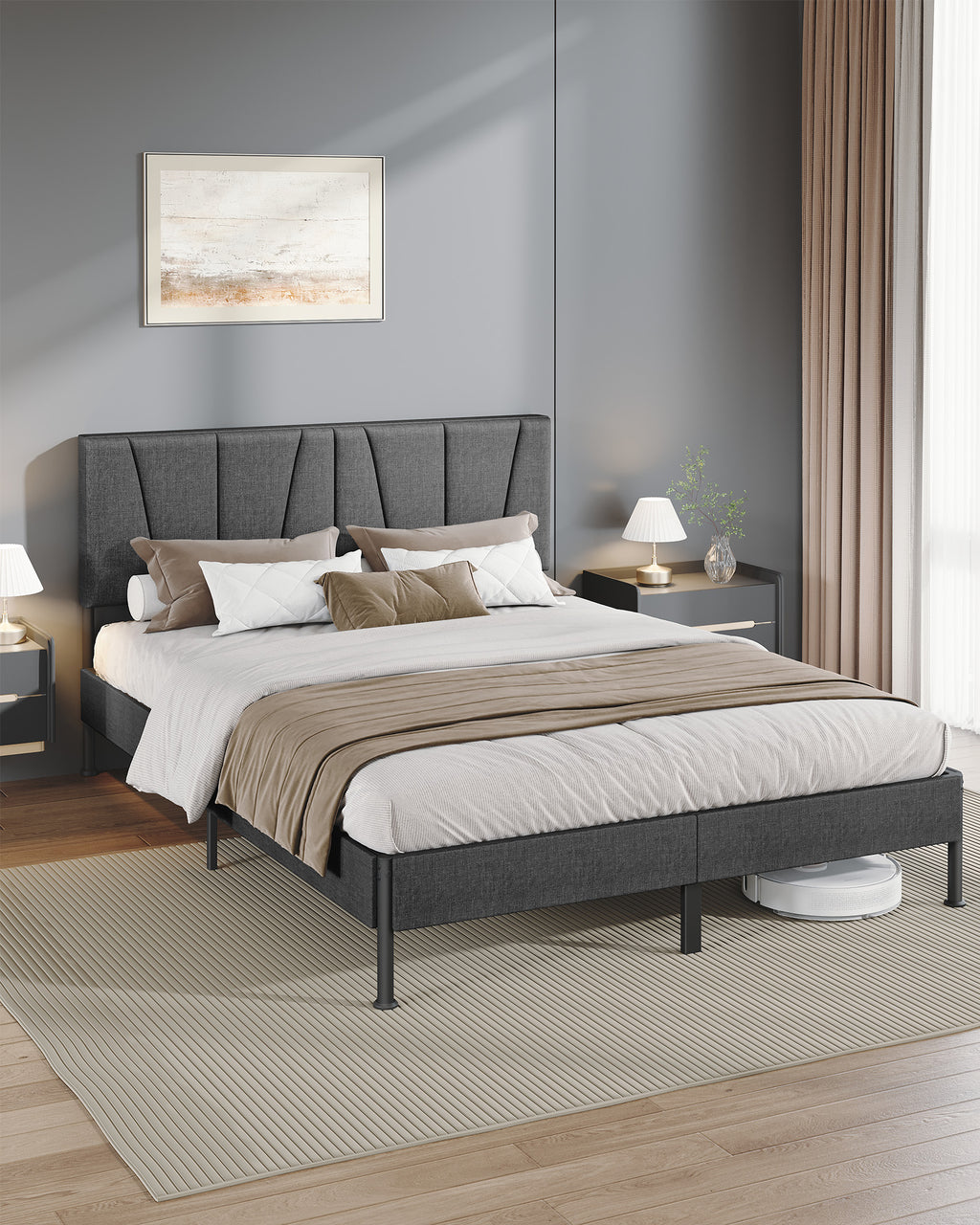 Hzuaneri King Bed Frame, 150×200 cm, Upholstered Metal Bed Frame with Headboard, Max. Load Capacity 500kg, Easy Assembly, No Box Spring Needed, Dark Grey BF40299B