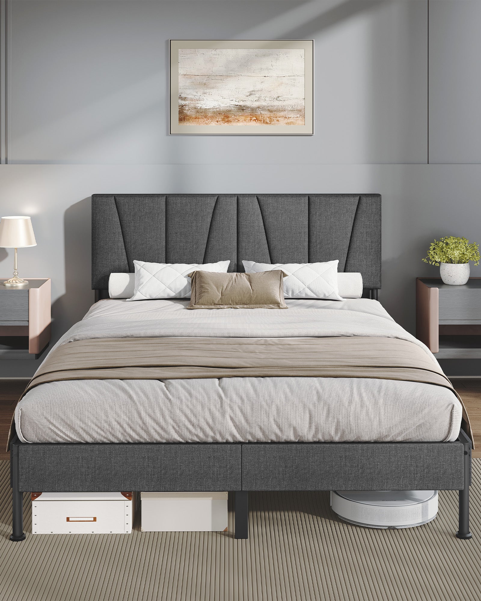 Hzuaneri King Bed Frame, 150×200 cm, Upholstered Metal Bed Frame with Headboard, Max. Load Capacity 500kg, Easy Assembly, No Box Spring Needed, Dark Grey BF40299B