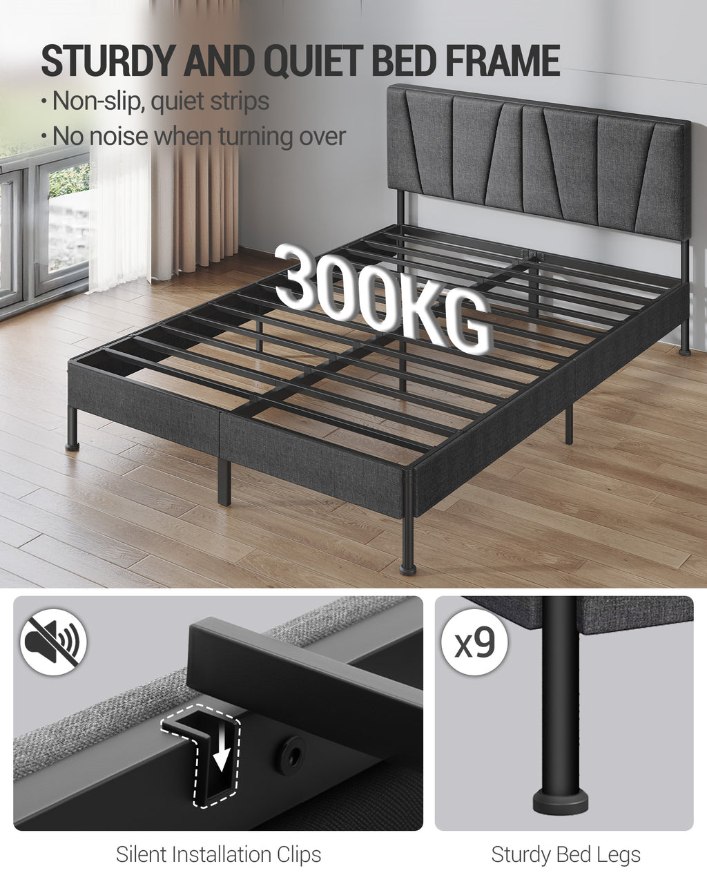 Hzuaneri King Bed Frame, 150×200 cm, Upholstered Metal Bed Frame with Headboard, Max. Load Capacity 500kg, Easy Assembly, No Box Spring Needed, Dark Grey BF40299B