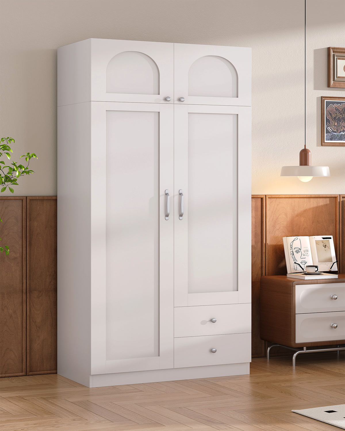 Hzuaneri Wardrobe with 4 Doors and 2 Drawers, Wardrobe with Clothes Rail and Shelf, Hinged Door Wardrobe for Bedroom, Guest Room and Small Spaces, White BW08003E