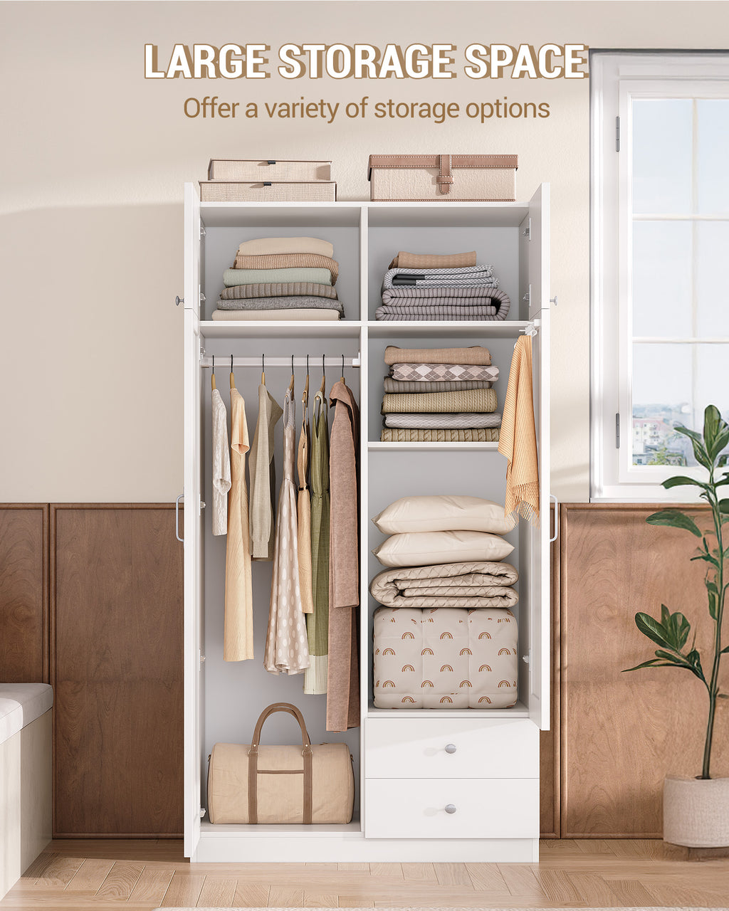Hzuaneri Wardrobe with 4 Doors and 2 Drawers, Wardrobe with Clothes Rail and Shelf, Hinged Door Wardrobe for Bedroom, Guest Room and Small Spaces, White BW08003E