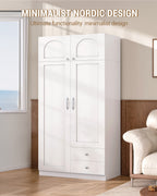 Hzuaneri Wardrobe with 4 Doors and 2 Drawers, Wardrobe with Clothes Rail and Shelf, Hinged Door Wardrobe for Bedroom, Guest Room and Small Spaces, White BW08003E