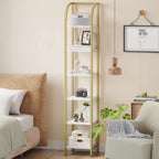 Hzuaneri Bookshelf Bookcase Narrow Bookcase Shelf Organizer with Steel Frame for Study Living Room Bedroom Kitchen Home Office Industrial Bookshelf 6-Tier White Gold