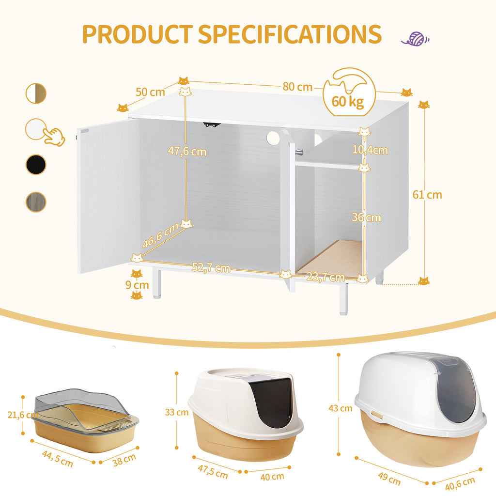 Hzuaneri Cat Litter Box Enclosure, Hidden Litter Box Furniture with Scratching Mat, Wooden Pet House Side End Table, Tall Legs, Double Doors, 80 x 50 x 61 cm, White CB01513W
