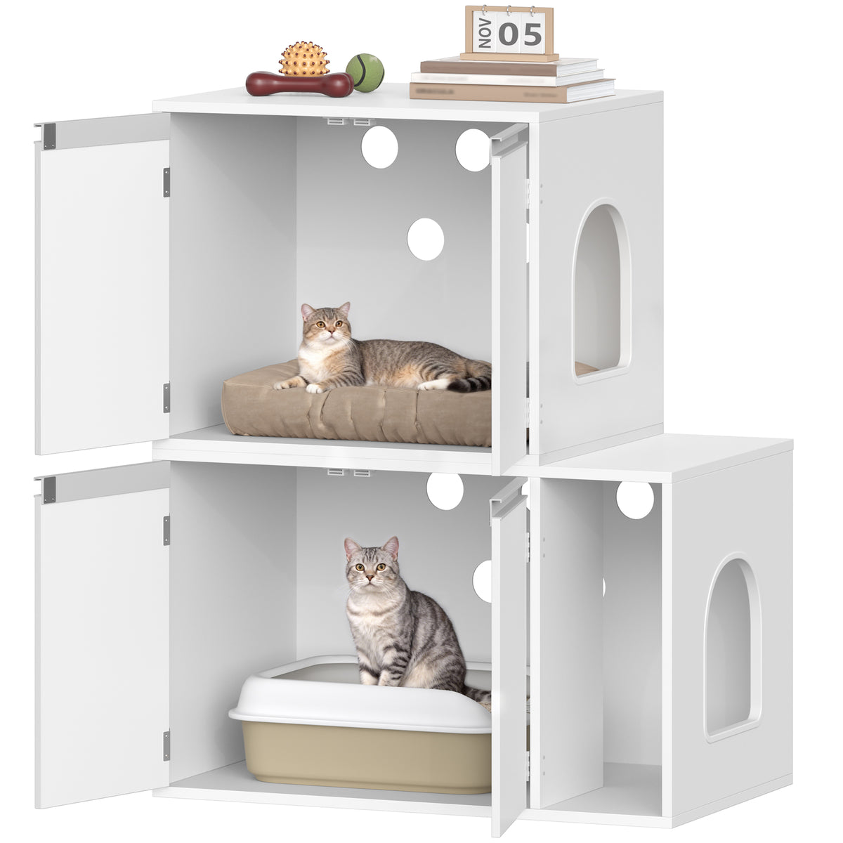 Hzuaneri Cat Cabinet for 2 Cats, Cat Litter Box Cabinet, Hidden Cat House with Double Compartments, Can Be Used as a TV Cabinet, Cat Furniture, 140 x 48.3 x 48 cm, White CB65603X
