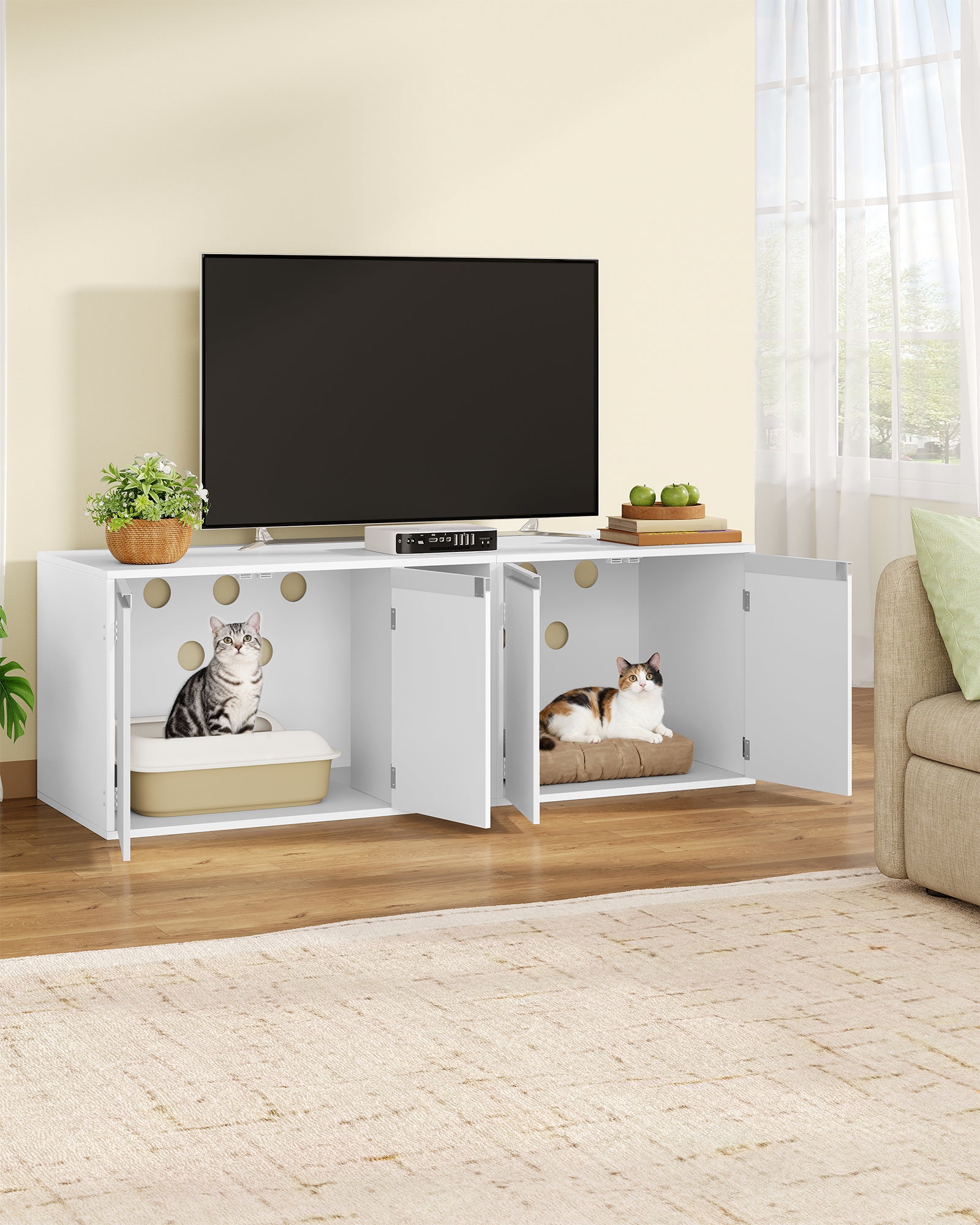 Hzuaneri Cat Cabinet for 2 Cats, Cat Litter Box Cabinet, Hidden Cat House with Double Compartments, Can Be Used as a TV Cabinet, Cat Furniture, 140 x 48.3 x 48 cm, White CB65603X