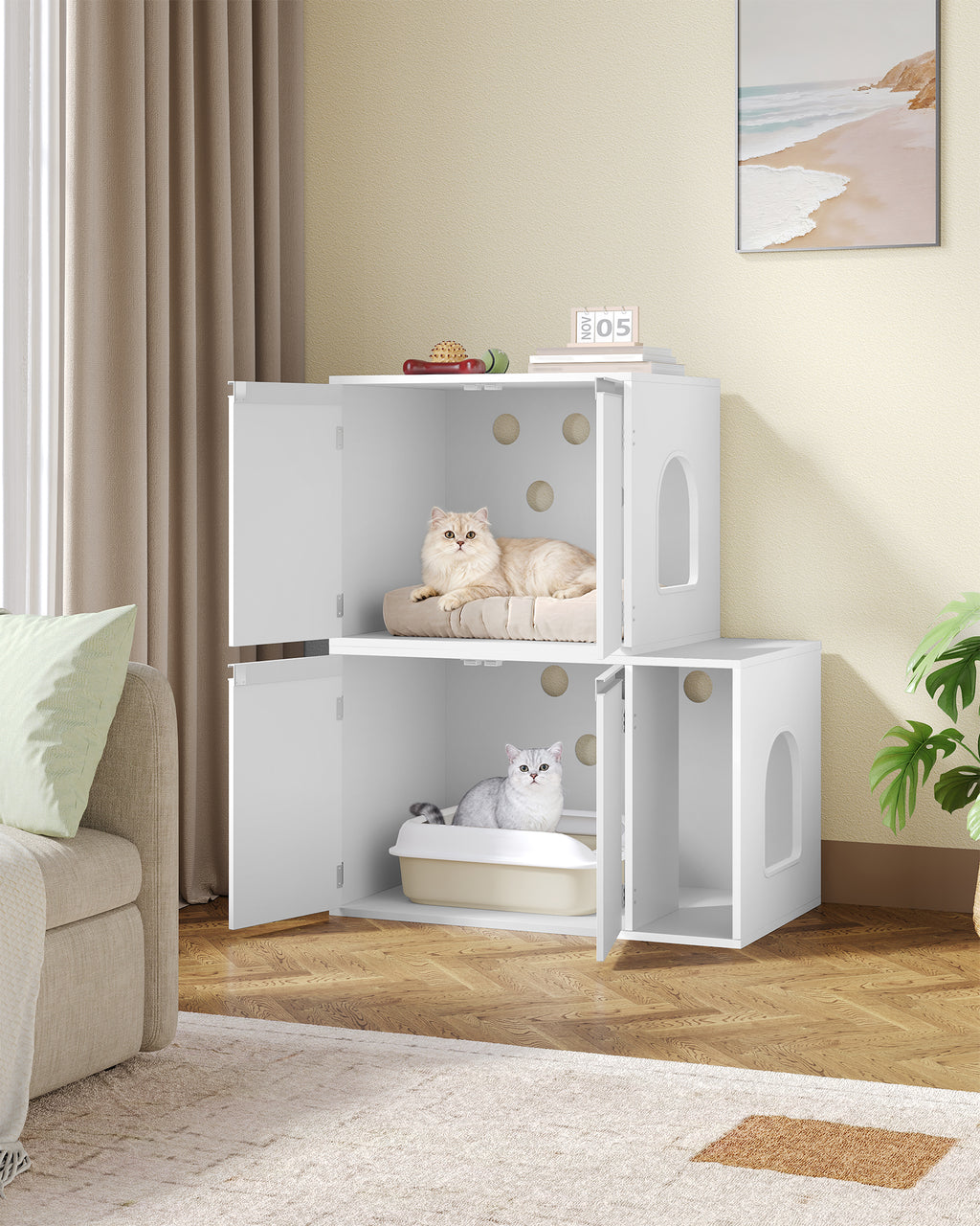 Hzuaneri Cat Cabinet for 2 Cats, Cat Litter Box Cabinet, Hidden Cat House with Double Compartments, Can Be Used as a TV Cabinet, Cat Furniture, 140 x 48.3 x 48 cm, White CB65603X