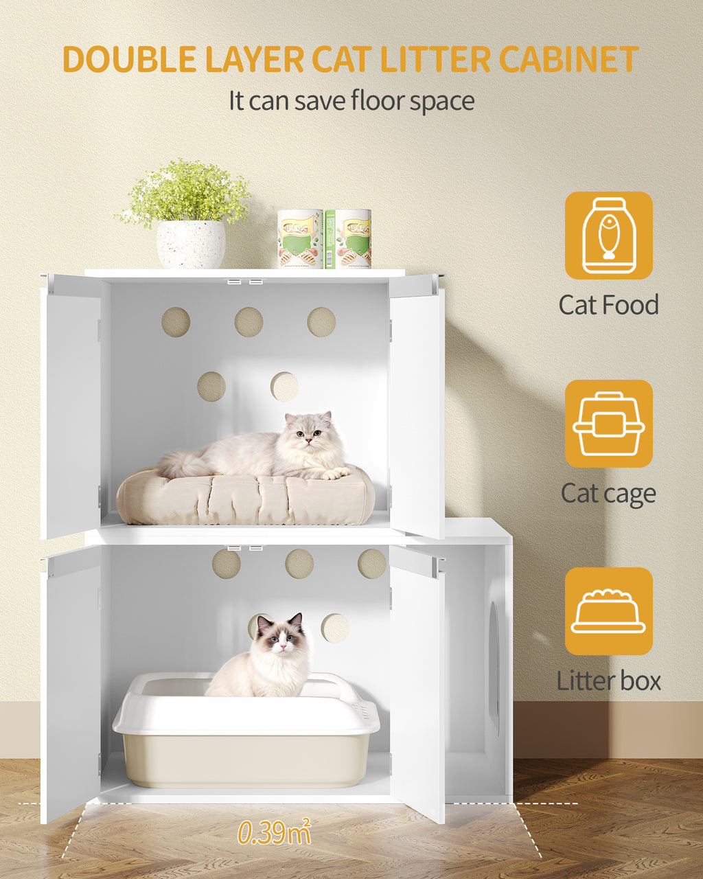 Hzuaneri Cat Cabinet for 2 Cats, Cat Litter Box Cabinet, Hidden Cat House with Double Compartments, Can Be Used as a TV Cabinet, Cat Furniture, 140 x 48.3 x 48 cm, White CB65603X