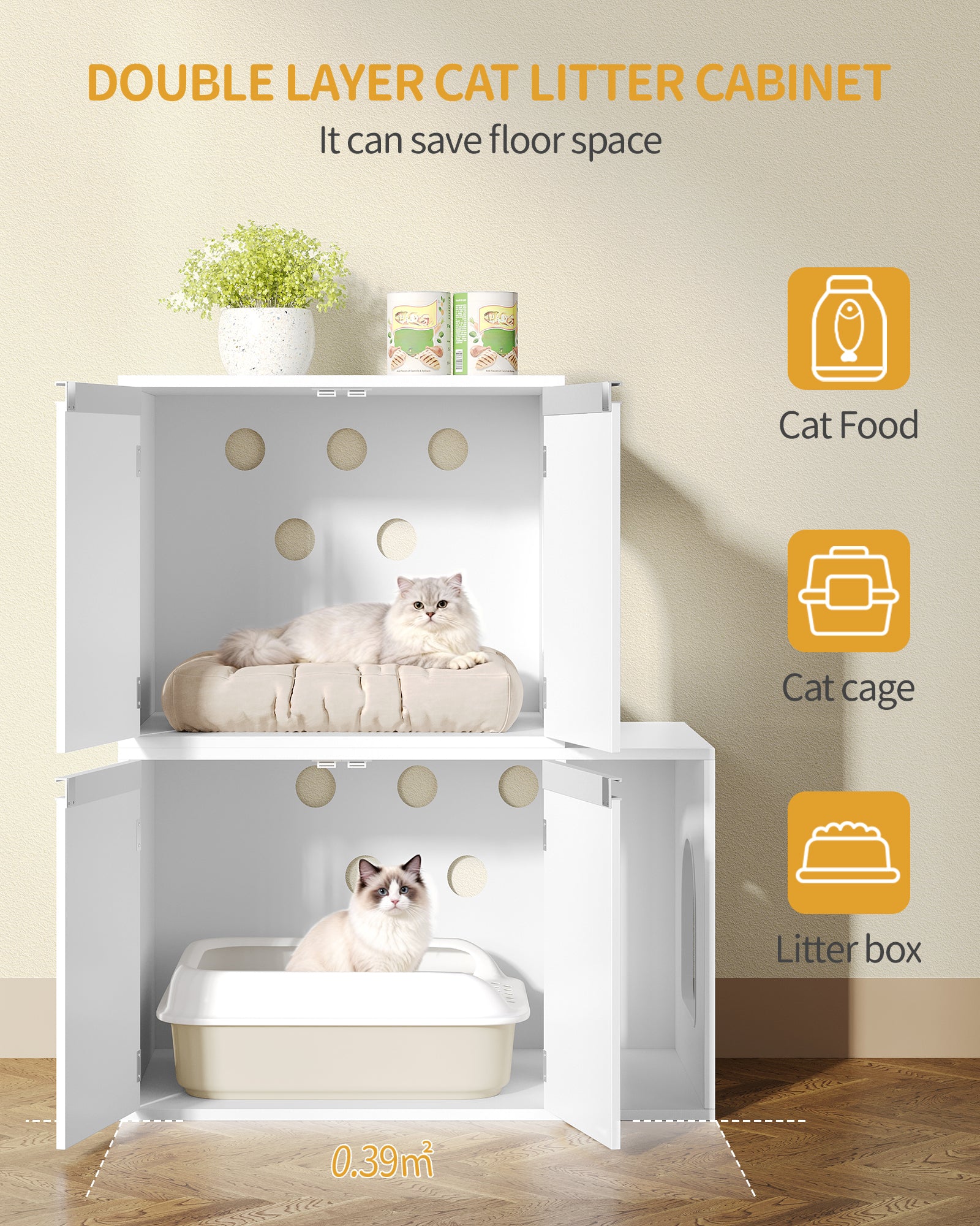 Hzuaneri Cat Cabinet for 2 Cats, Cat Litter Box Cabinet, Hidden Cat House with Double Compartments, Can Be Used as a TV Cabinet, Cat Furniture, 140 x 48.3 x 48 cm, White CB65603X