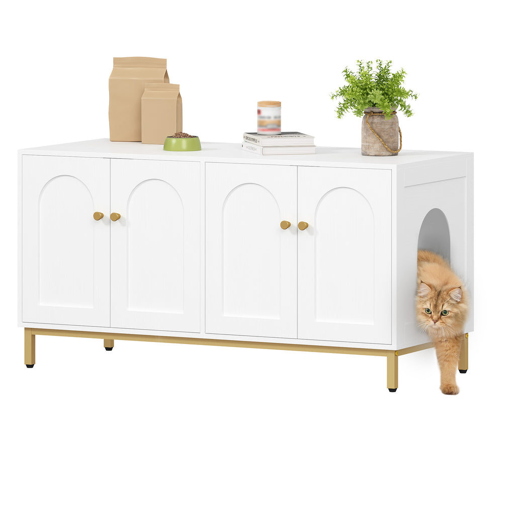 Hzuaneri Cat Cabinet for 2 Cats, 119cm Hidden Litter Box Furniture, Wooden Pet House, Storage Cabinet Bench, Fits Most Litter Boxes, White and Gold CB82313A