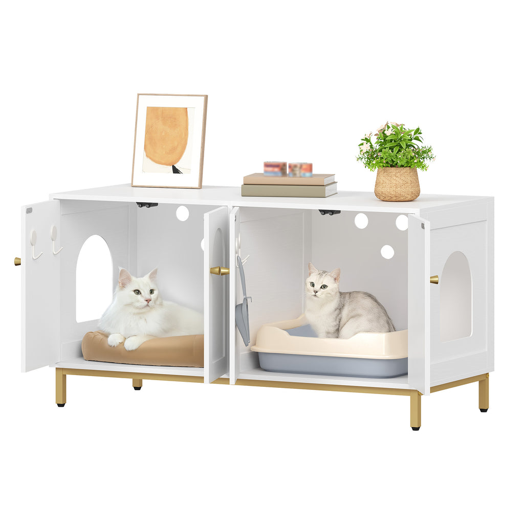 Hzuaneri Cat Cabinet for 2 Cats, 119cm Hidden Litter Box Furniture, Wooden Pet House, Storage Cabinet Bench, Fits Most Litter Boxes, White and Gold CB82313A