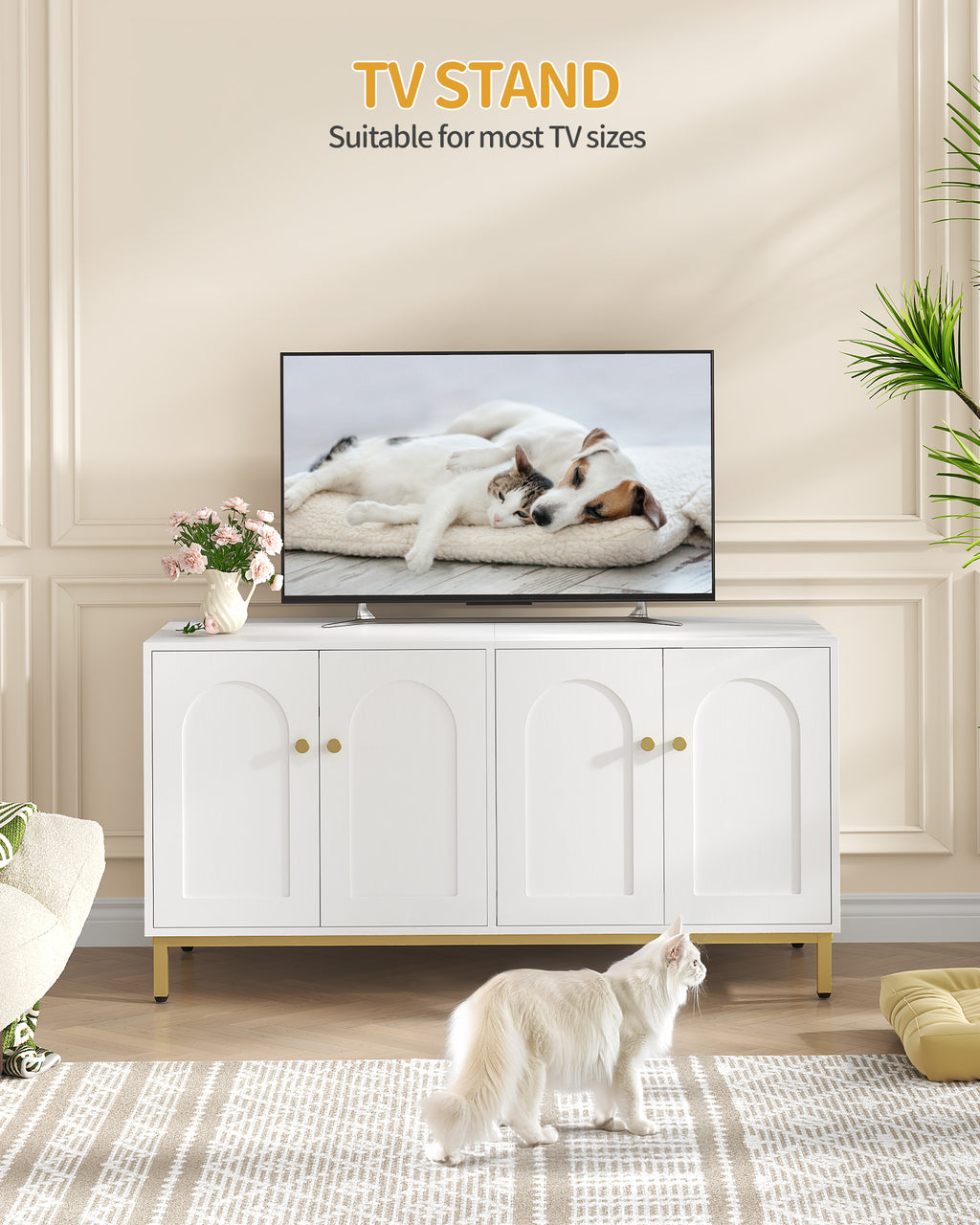 Hzuaneri Cat Cabinet for 2 Cats, 119cm Hidden Litter Box Furniture, Wooden Pet House, Storage Cabinet Bench, Fits Most Litter Boxes, White and Gold CB82313A