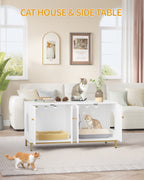 Hzuaneri Cat Cabinet for 2 Cats, 119cm Hidden Litter Box Furniture, Wooden Pet House, Storage Cabinet Bench, Fits Most Litter Boxes, White and Gold CB82313A