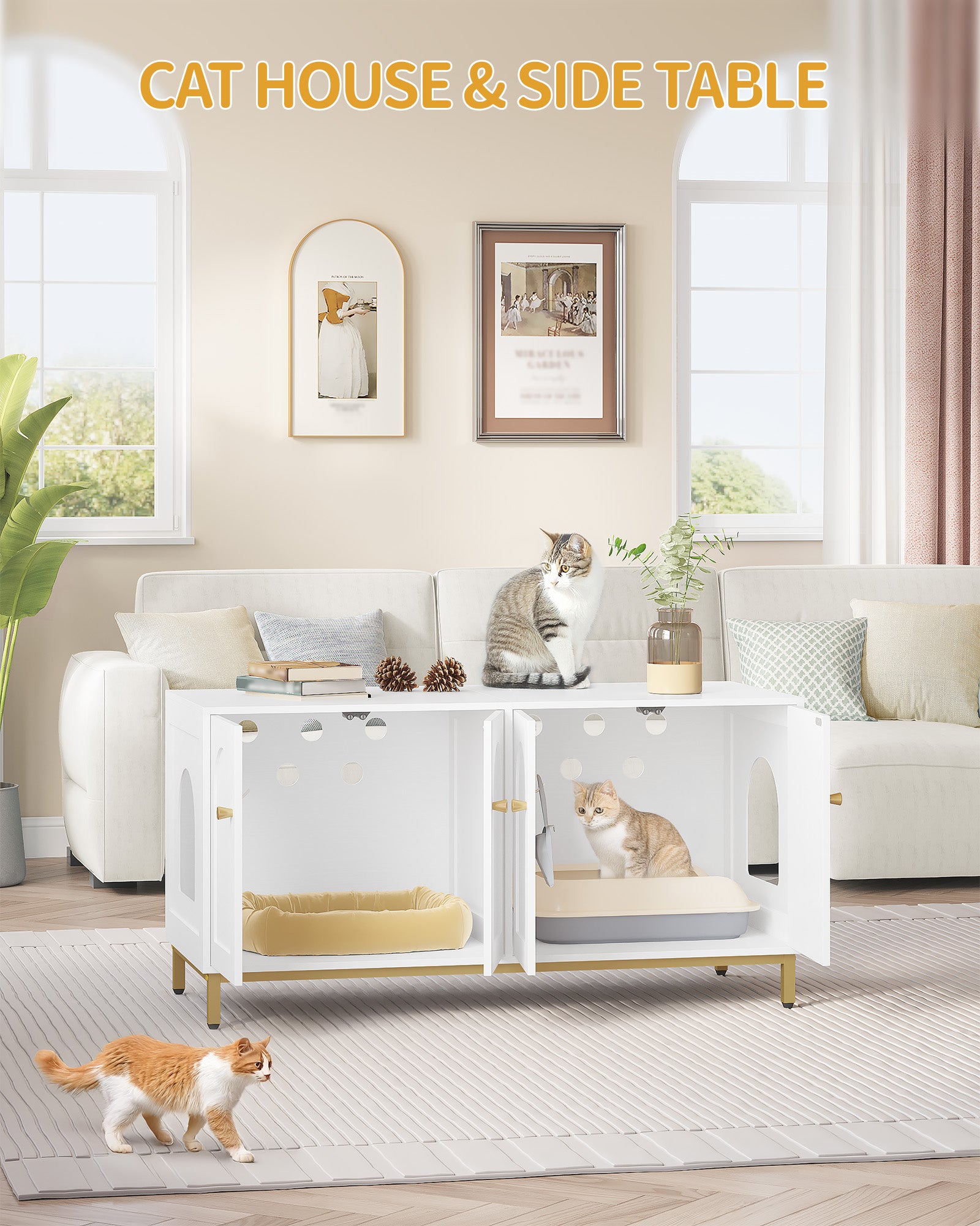 Hzuaneri Cat Cabinet for 2 Cats, 119cm Hidden Litter Box Furniture, Wooden Pet House, Storage Cabinet Bench, Fits Most Litter Boxes, White and Gold CB82313A