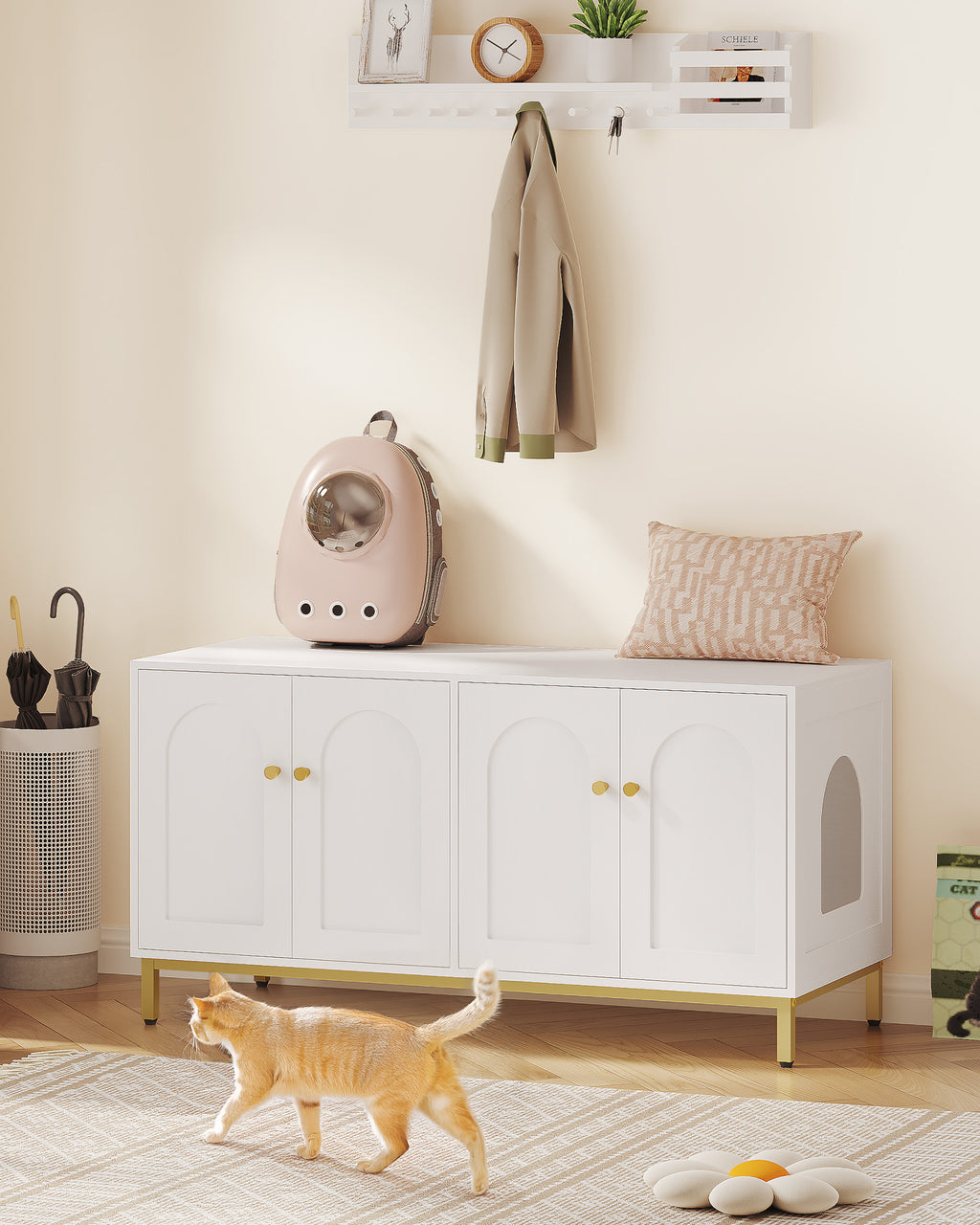 Hzuaneri Cat Cabinet for 2 Cats, 119cm Hidden Litter Box Furniture, Wooden Pet House, Storage Cabinet Bench, Fits Most Litter Boxes, White and Gold CB82313A