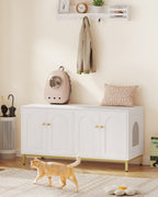 Hzuaneri Cat Cabinet for 2 Cats, 119cm Hidden Litter Box Furniture, Wooden Pet House, Storage Cabinet Bench, Fits Most Litter Boxes, White and Gold CB82313A
