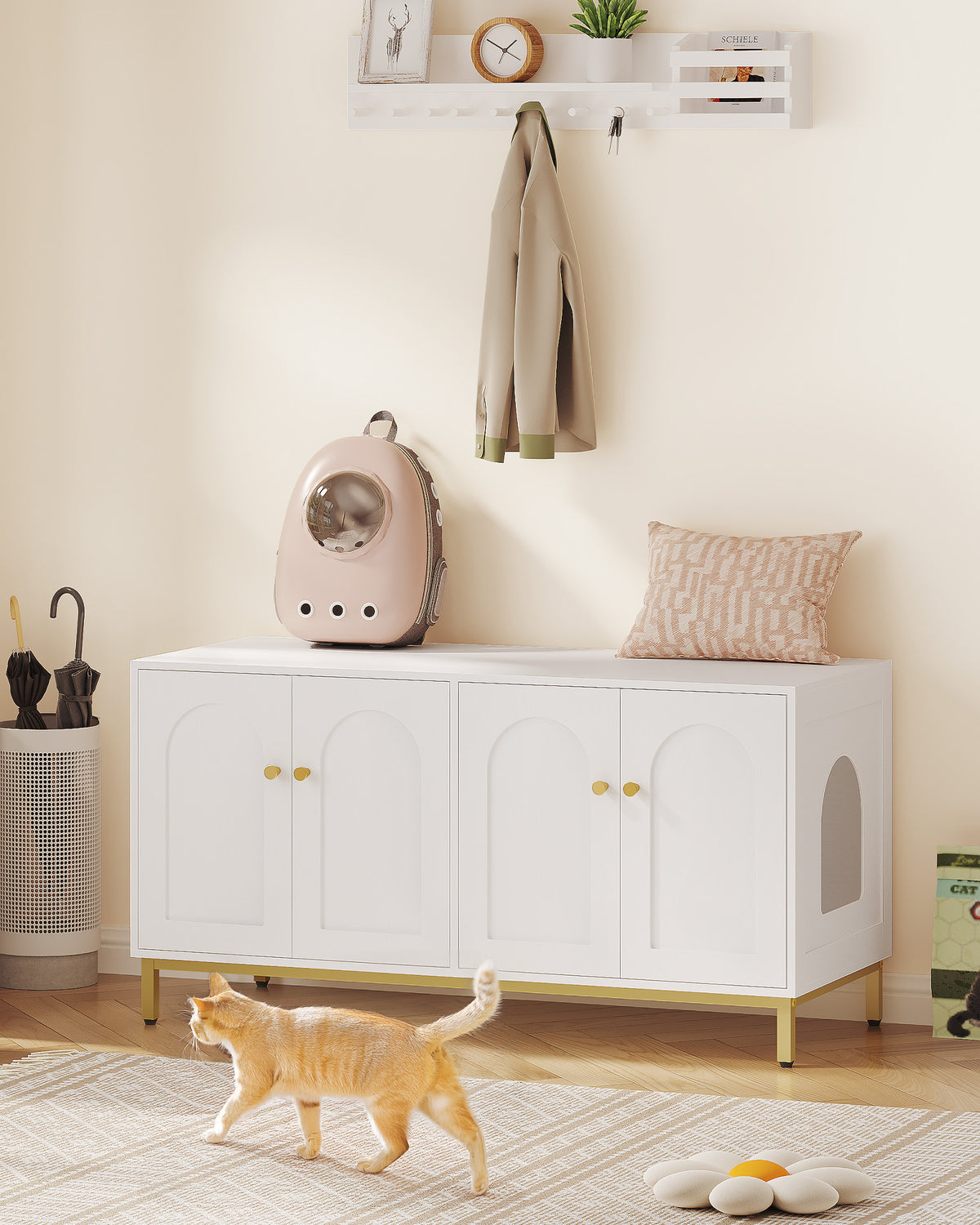 Hzuaneri Cat Cabinet for 2 Cats, 119cm Hidden Litter Box Furniture, Wooden Pet House, Storage Cabinet Bench, Fits Most Litter Boxes, White and Gold CB82313A