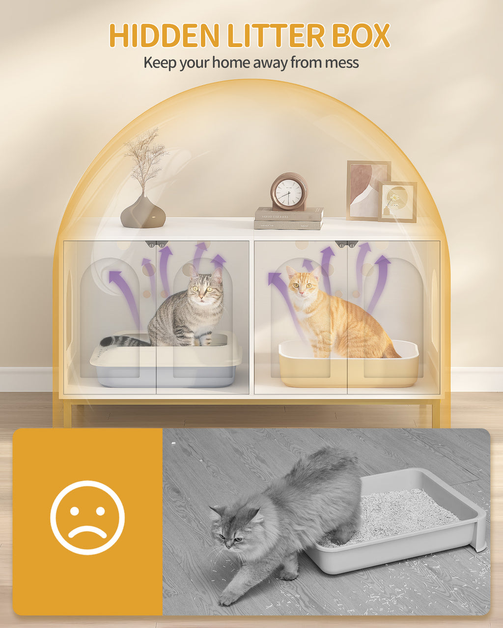 Hzuaneri Cat Cabinet for 2 Cats, 119cm Hidden Litter Box Furniture, Wooden Pet House, Storage Cabinet Bench, Fits Most Litter Boxes, White and Gold CB82313A