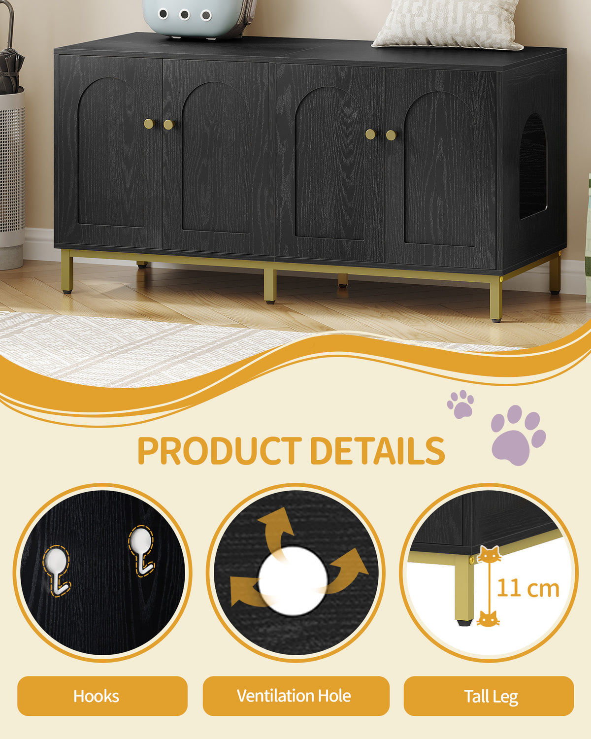 Hzuaneri Cat Cabinet for 2 Cats, 119cm Cat Litter Box Cabinet, Black | Hidden Cat Litter Box Furniture, Wooden Pet House, Storage Cabinet Bench, Suitable for Cat Litter Boxes, CB82304A