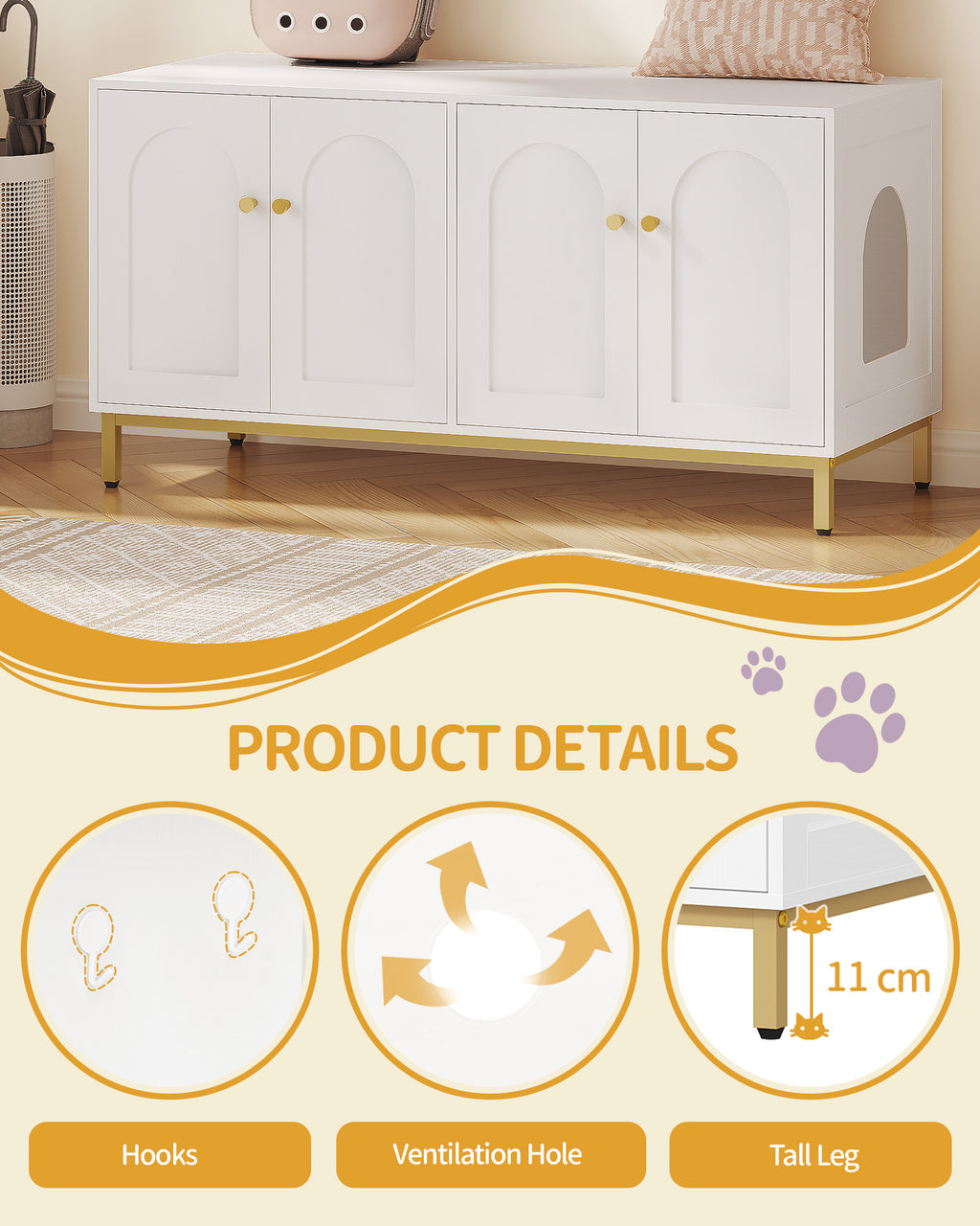 Hzuaneri Cat Cabinet for 2 Cats, 119cm Hidden Litter Box Furniture, Wooden Pet House, Storage Cabinet Bench, Fits Most Litter Boxes, White and Gold CB82313A