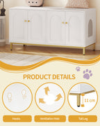 Hzuaneri Cat Cabinet for 2 Cats, 119cm Hidden Litter Box Furniture, Wooden Pet House, Storage Cabinet Bench, Fits Most Litter Boxes, White and Gold CB82313A