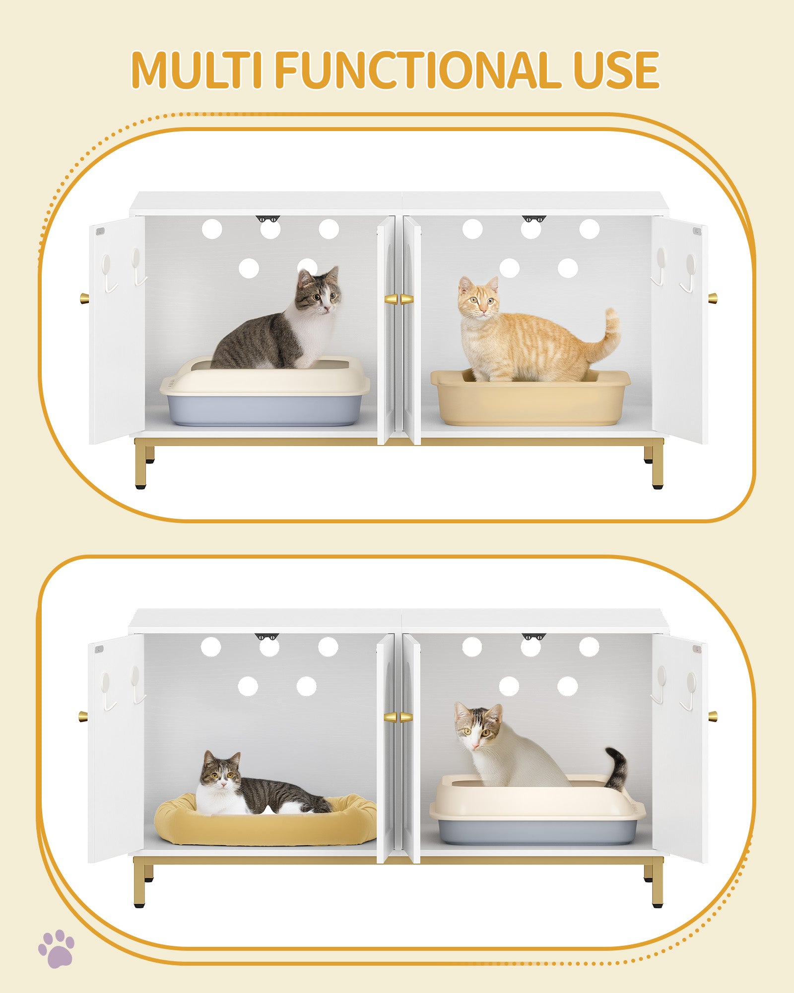 Hzuaneri Cat Cabinet for 2 Cats, 119cm Hidden Litter Box Furniture, Wooden Pet House, Storage Cabinet Bench, Fits Most Litter Boxes, White and Gold CB82313A