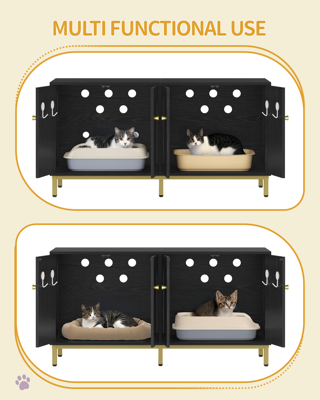 Hzuaneri Cat Cabinet for 2 Cats, 119cm Cat Litter Box Cabinet, Black | Hidden Cat Litter Box Furniture, Wooden Pet House, Storage Cabinet Bench, Suitable for Cat Litter Boxes, CB82304A