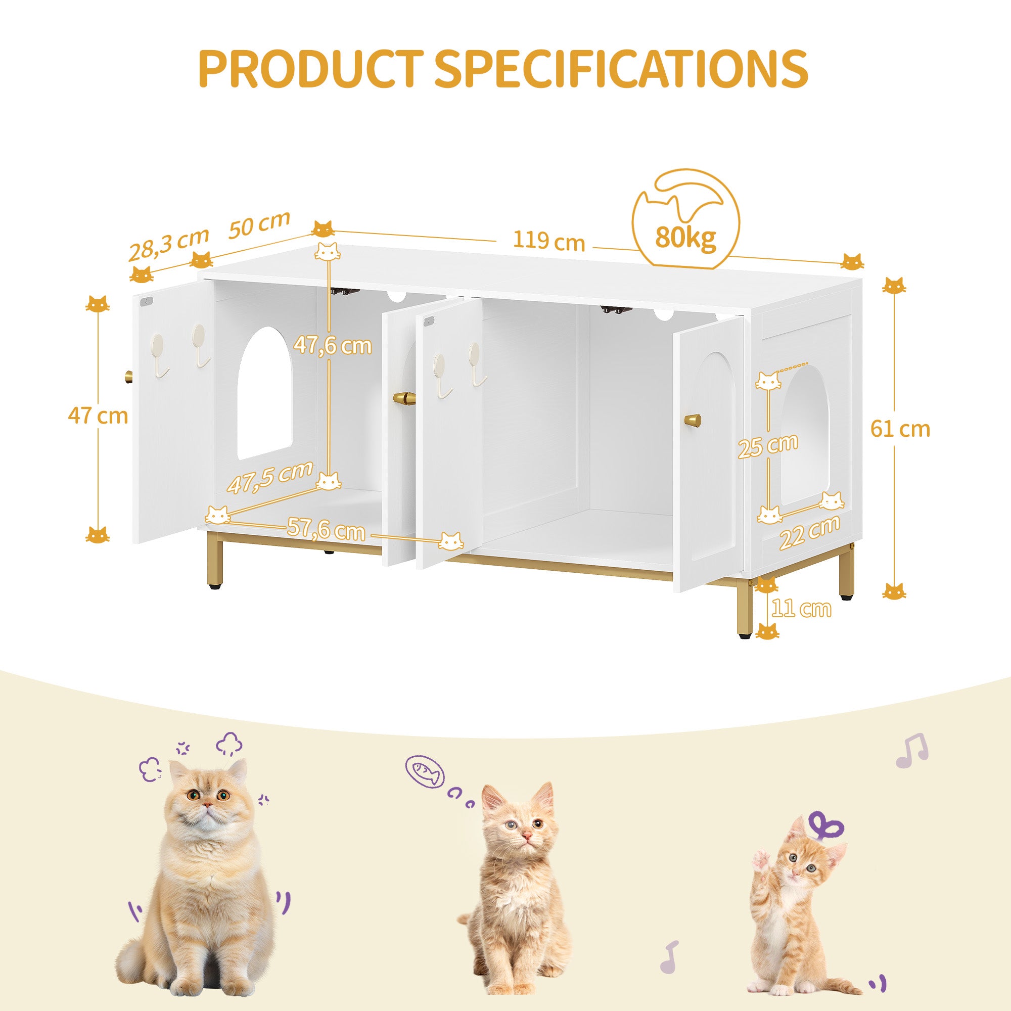 Hzuaneri Cat Cabinet for 2 Cats, 119cm Hidden Litter Box Furniture, Wooden Pet House, Storage Cabinet Bench, Fits Most Litter Boxes, White and Gold CB82313A