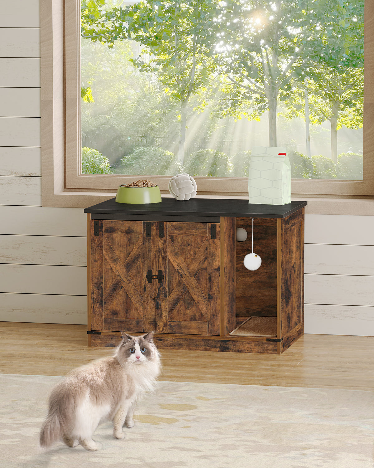 Hzuaneri 31.5" Cat Litter Box Enclosure, Hidden Cabinet Furniture with Bell for Indoor Cat, Farmhouse Style, White