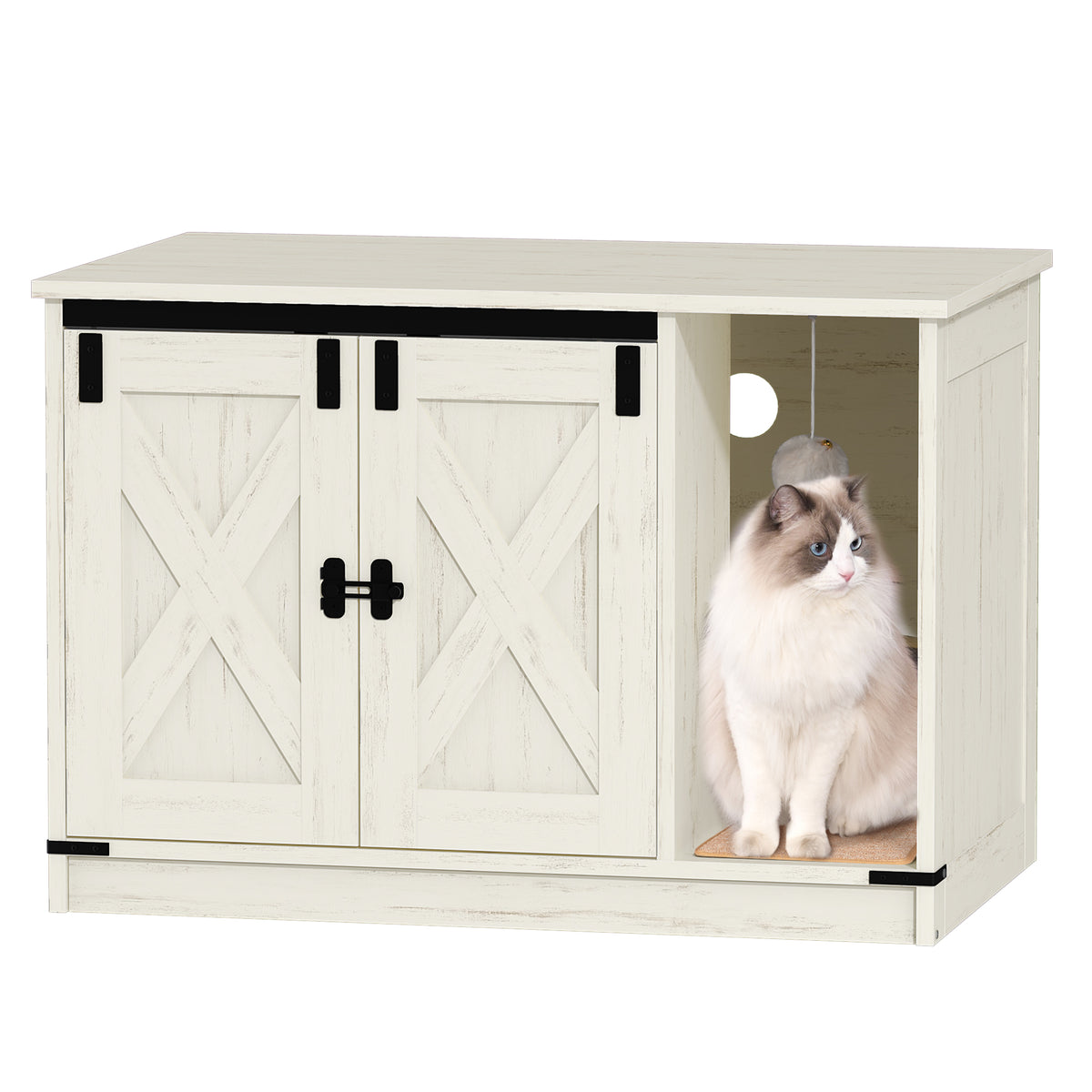 Hzuaneri 31.5" Cat Litter Box Enclosure, Hidden Cabinet Furniture with Bell for Indoor Cat, Farmhouse Style, White