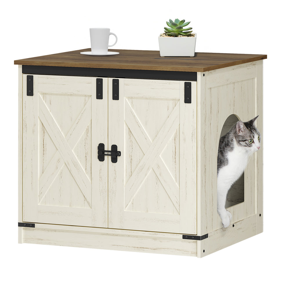 Hzuaneri Cat Litter Box Enclosure, Hidden Litter Box Furniture with Detachable Dividers, Reversible Entrance Left or Right Side, Wooden Cat House, 60 x 50 x 54 cm, Rustic Brown and White CB84514X