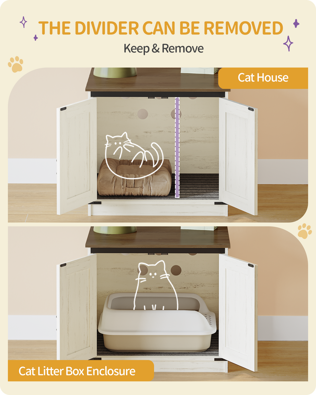 Hzuaneri Cat Litter Box Enclosure, Hidden Litter Box Furniture with Detachable Dividers, Reversible Entrance Left or Right Side, Wooden Cat House, 60 x 50 x 54 cm, Rustic Brown and White CB84514X