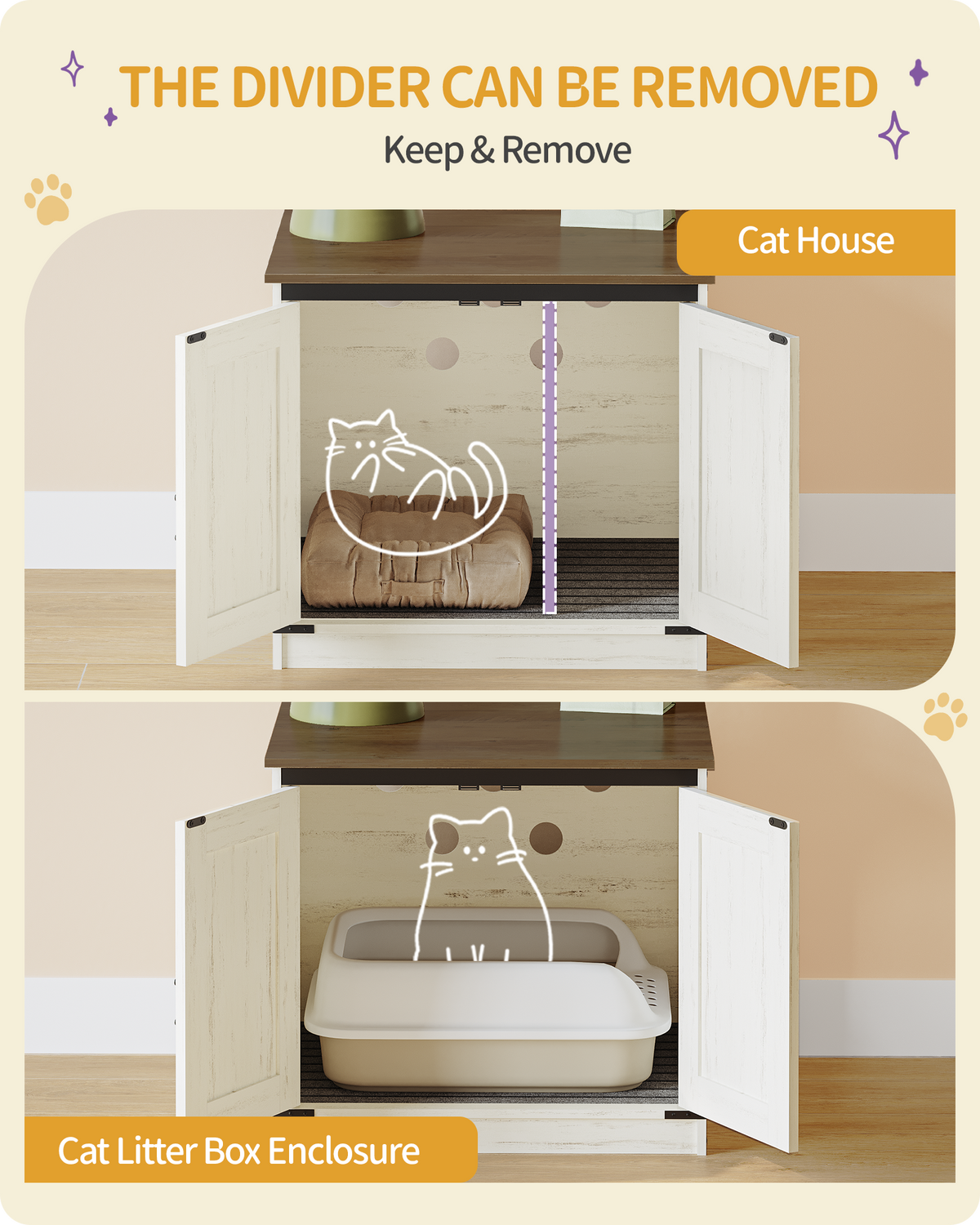 Hzuaneri Cat Litter Box Enclosure, Hidden Litter Box Furniture with Detachable Dividers, Reversible Entrance Left or Right Side, Wooden Cat House, 60 x 50 x 54 cm, Rustic Brown and White CB84514X