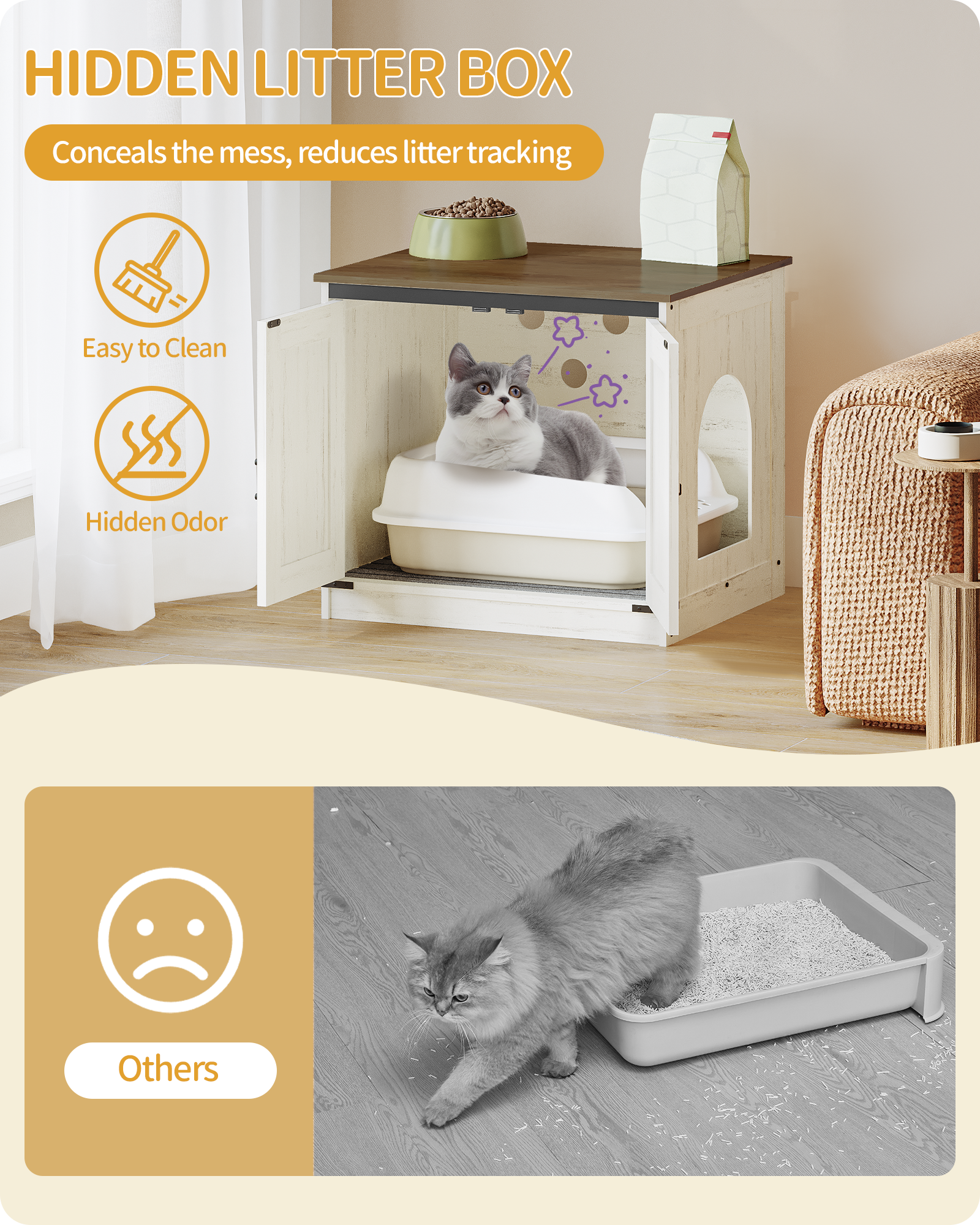 Hzuaneri Cat Litter Box Enclosure, Hidden Litter Box Furniture with Detachable Dividers, Reversible Entrance Left or Right Side, Wooden Cat House, 60 x 50 x 54 cm, Rustic Brown and White CB84514X