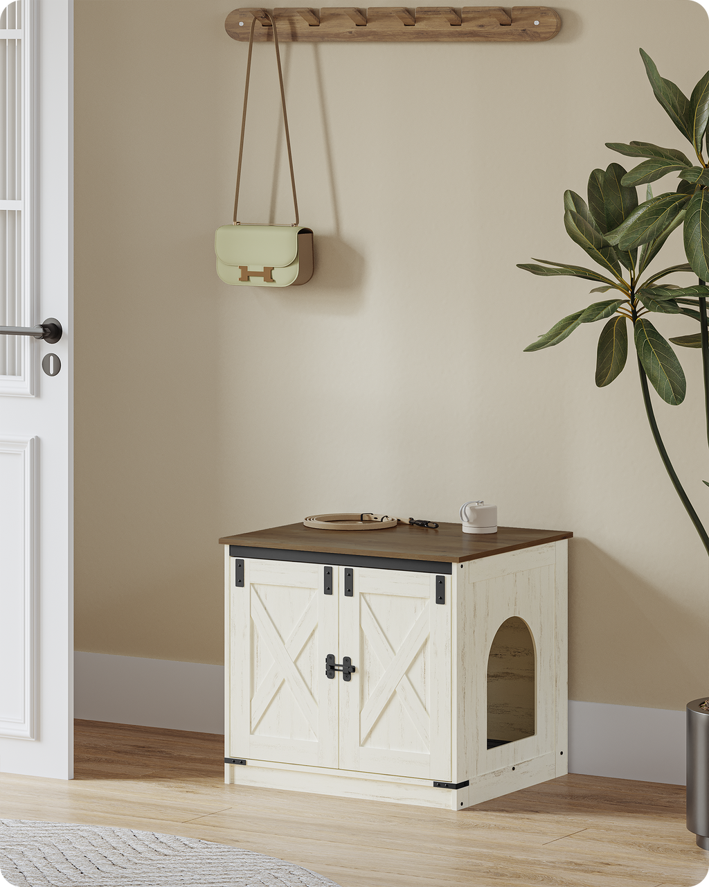 Hzuaneri Cat Litter Box Enclosure, Hidden Litter Box Furniture with Detachable Dividers, Reversible Entrance Left or Right Side, Wooden Cat House, 60 x 50 x 54 cm, Rustic Brown and White CB84514X