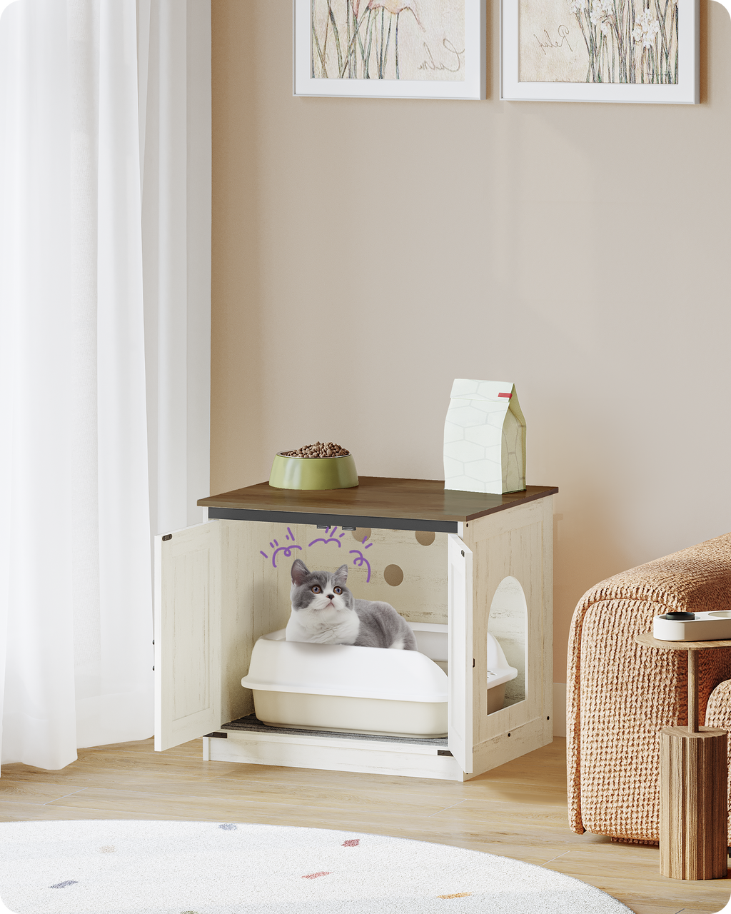 Hzuaneri Cat Litter Box Enclosure, Hidden Litter Box Furniture with Detachable Dividers, Reversible Entrance Left or Right Side, Wooden Cat House, 60 x 50 x 54 cm, Rustic Brown and White CB84514X