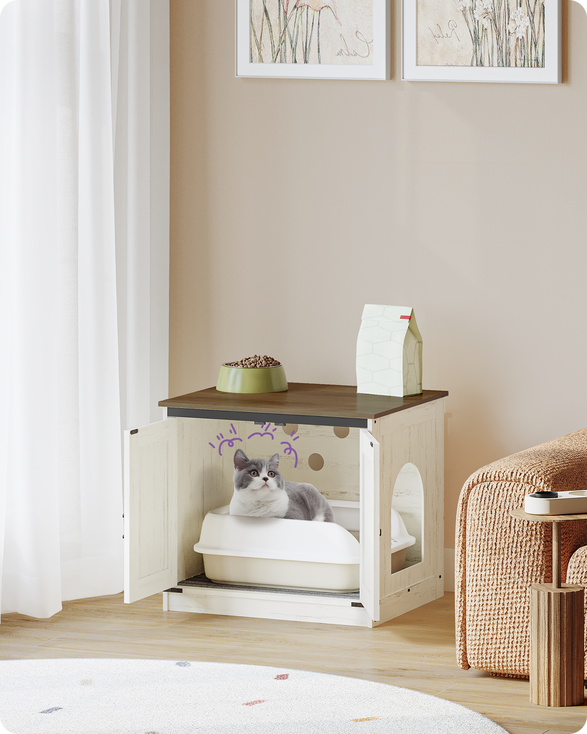 Hzuaneri Cat Litter Box Enclosure, Hidden Litter Box Furniture with Detachable Dividers, Reversible Entrance Left or Right Side, Wooden Cat House, 60 x 50 x 54 cm, Rustic Brown and White CB84514X