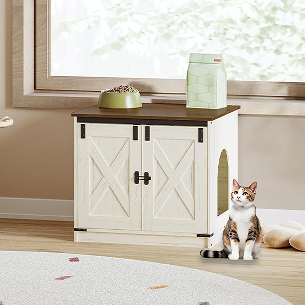 Hzuaneri 39.4 inch Cat Litter Box Enclosure, Hidden Litter Box Furniture Cabinet with Cushion for Cat, Wooden Cat House Reversible Entrance Left or Right Side, Rustic White and Brown