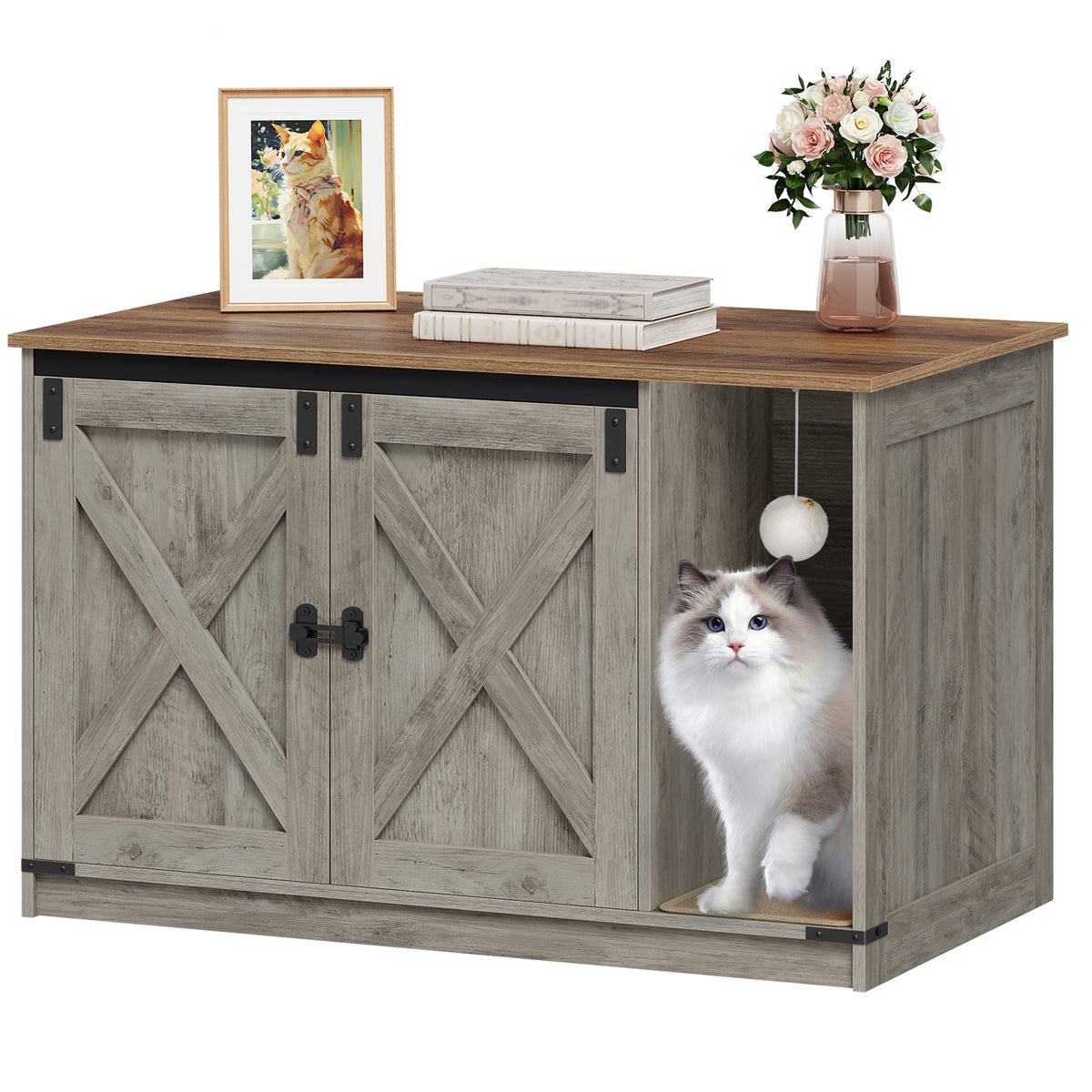 Hzuaneri 31.5" Cat Litter Box Enclosure, Hidden Cabinet Furniture with Bell for Indoor Cat, Farmhouse Style, White