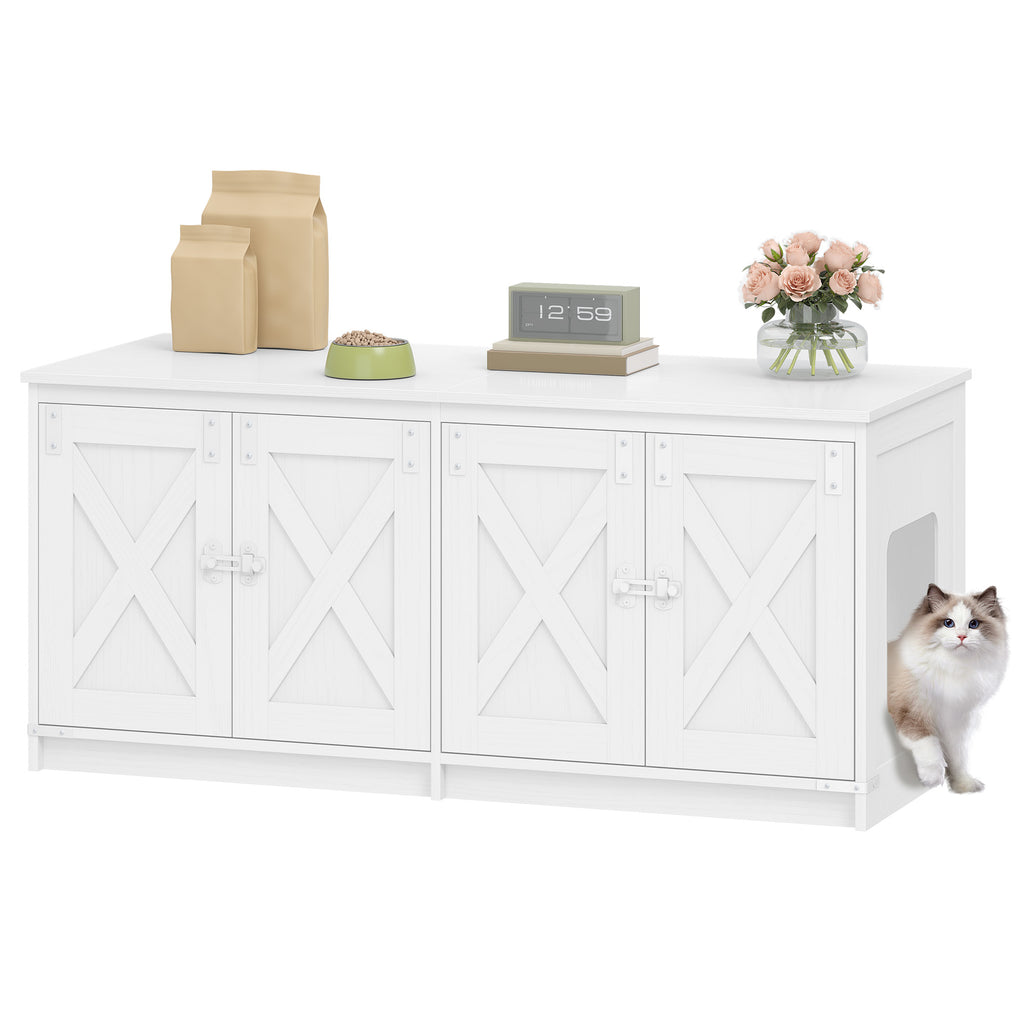 Hzuaneri Cat Cabinet, Cat Litter Tray Cabinet for 2 Cats, Hidden Cat Litter Box Cabinet, Indoor Cat House, Farmhouse Style, 119 x 48 x 53.5 cm, White CB85313W
