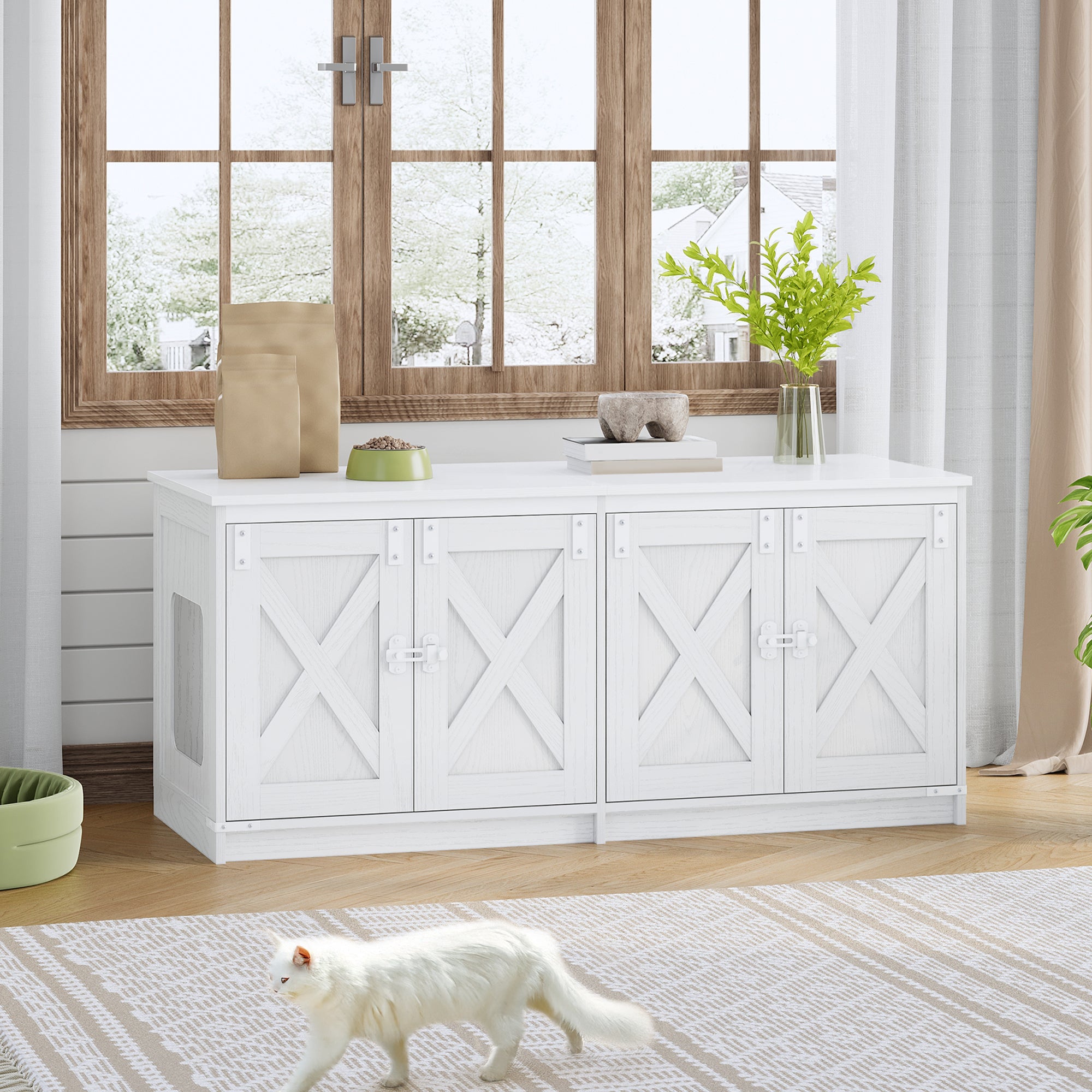 Hzuaneri Cat Cabinet, Cat Litter Tray Cabinet for 2 Cats, Hidden Cat Litter Box Cabinet, Indoor Cat House, Farmhouse Style, 119 x 48 x 53.5 cm, White CB85313W