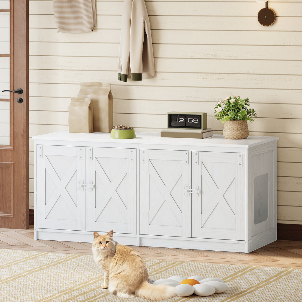 Hzuaneri Cat Cabinet, Cat Litter Tray Cabinet for 2 Cats, Hidden Cat Litter Box Cabinet, Indoor Cat House, Farmhouse Style, 119 x 48 x 53.5 cm, White CB85313W