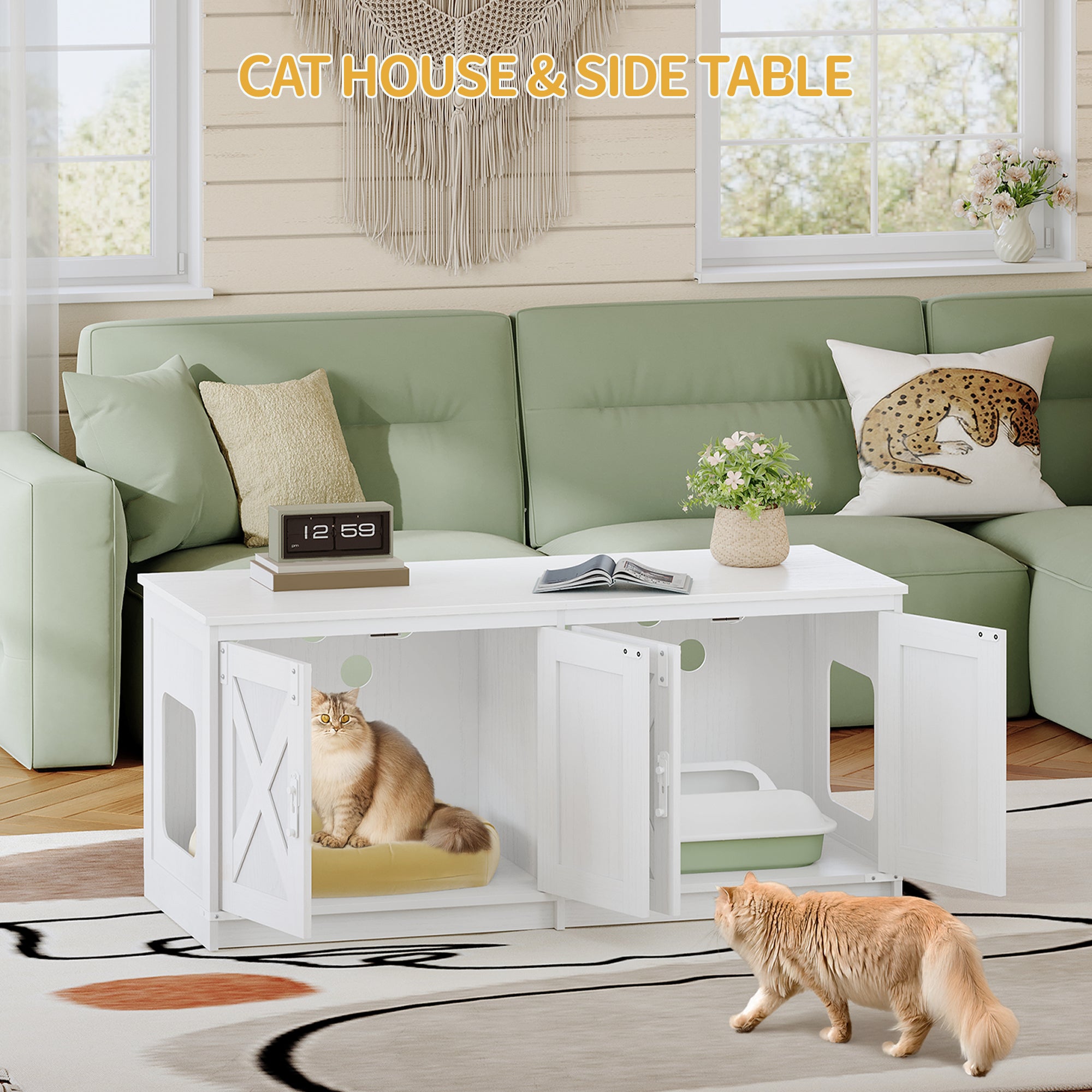 Hzuaneri Cat Cabinet, Cat Litter Tray Cabinet for 2 Cats, Hidden Cat Litter Box Cabinet, Indoor Cat House, Farmhouse Style, 119 x 48 x 53.5 cm, White CB85313W