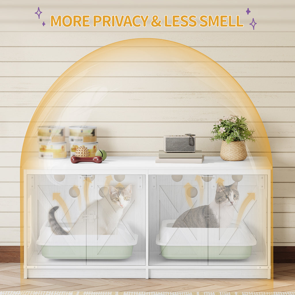Hzuaneri Cat Cabinet, Cat Litter Tray Cabinet for 2 Cats, Hidden Cat Litter Box Cabinet, Indoor Cat House, Farmhouse Style, 119 x 48 x 53.5 cm, White CB85313W